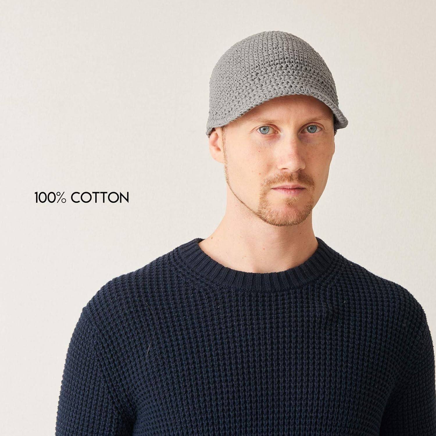 CHARM Mens Kufi Beanie Hat - Billed Skull Cap Cotton Chemo Hat Sensitive Skin - Grey image number 6