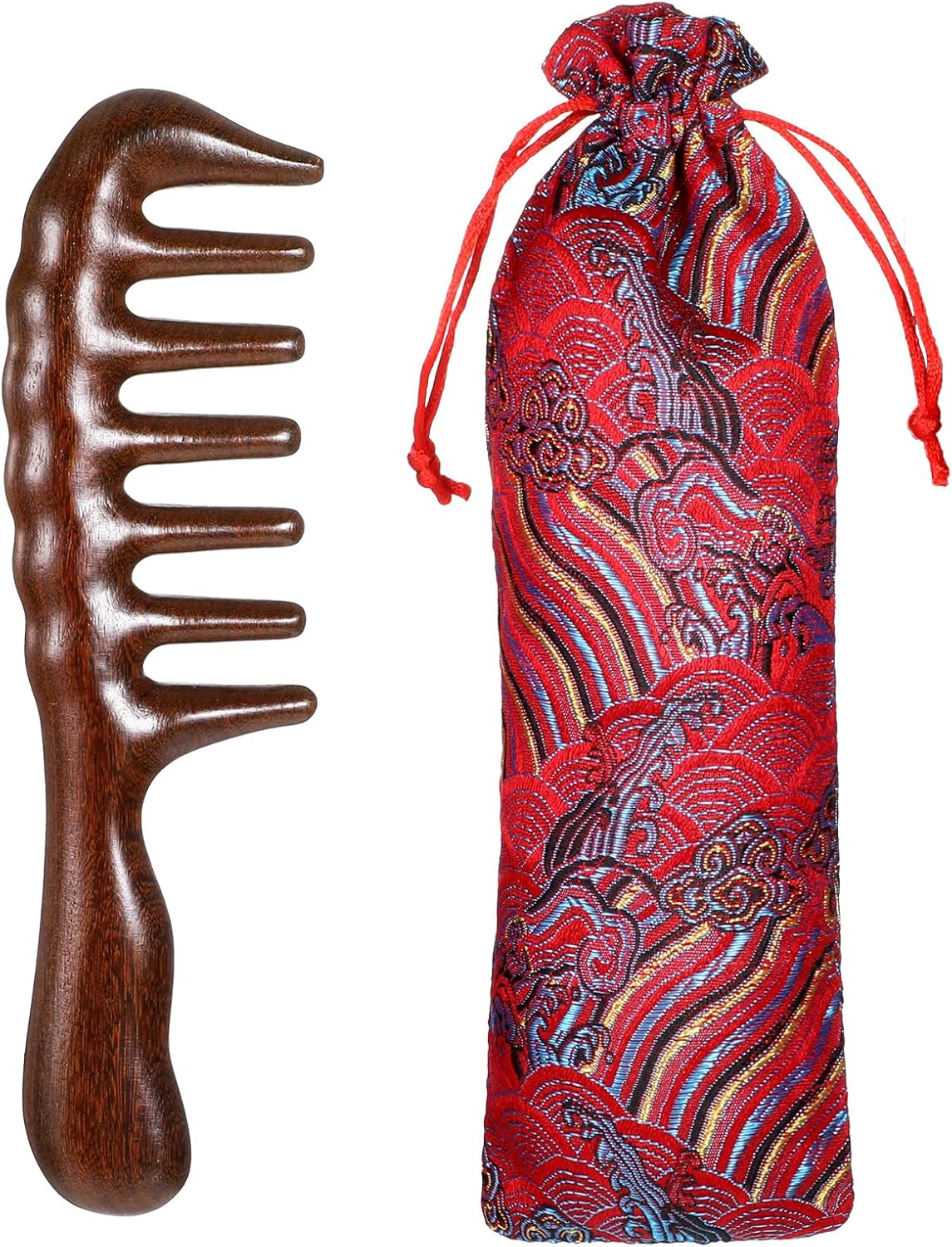 Sandalwood Wooden Comb Wide Tooth Comb Antistatic Wooden Comb Hair Golden Sandalwood Curling Comb with Storage Bag Beard Comb Hairdressing Comb Massage Hair Comb Travel Hair Detangler Brush for Men