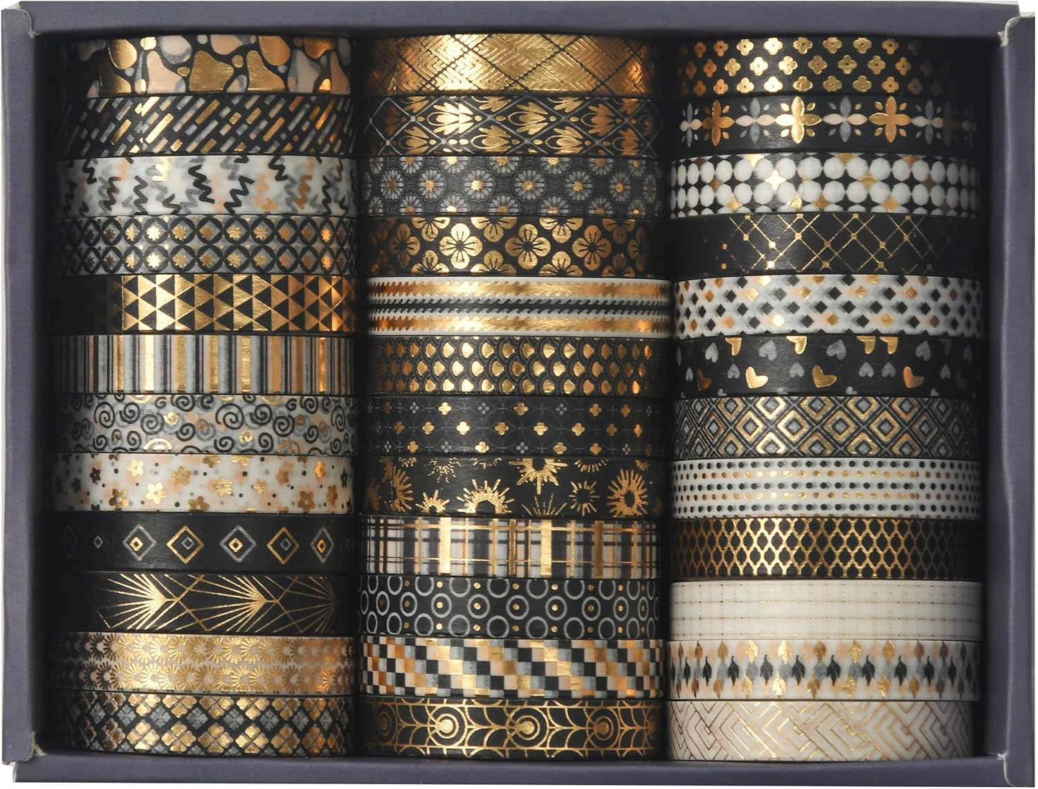 Songdao 36 Rolls Skinny Washi Tape Set Gold Foil Detailing Arts Adhesive Tapes Basic Patterns Decorative Masking Tape Sets for Craft, Kids, Scrapbook, DIY, Gift Wrapping (Black & Gold) image number 4