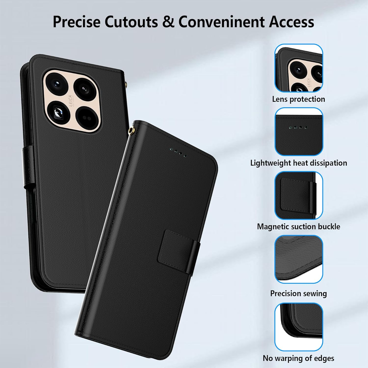 Aiziki for Xiaomi 15T Phone Case, Leather Flip Case with 3 Card Slots & Kickstand, Anti-Drop, Magnetic Closure, Compatible with Xiaomi 15T Case- Black image number 2