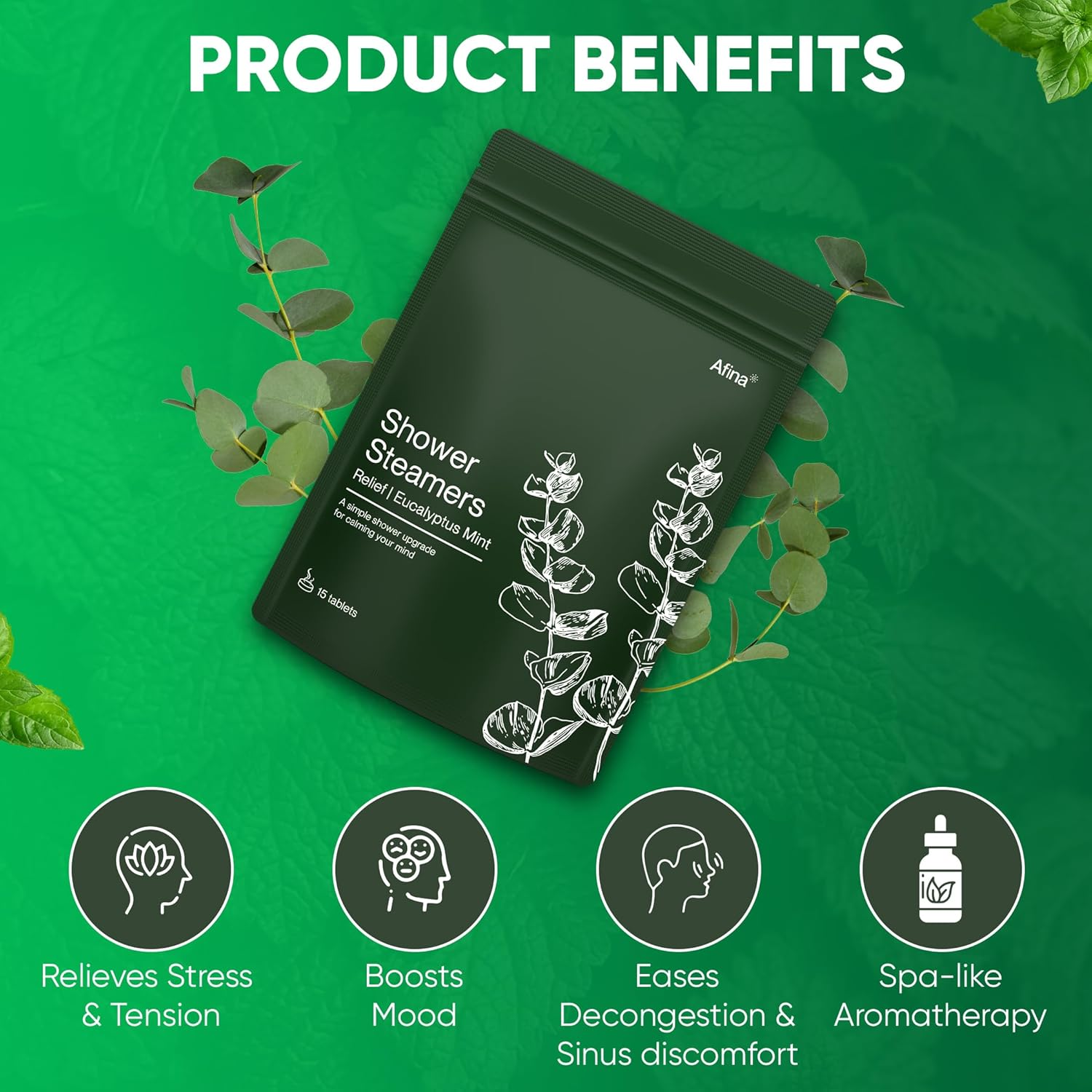 Afina Shower Steamers | Relief | Eucalyptus Mint | Natural Aromatherapy for Stress Relief and Relaxation | Spa Gifts for Women & Men (6 Count) image number 6