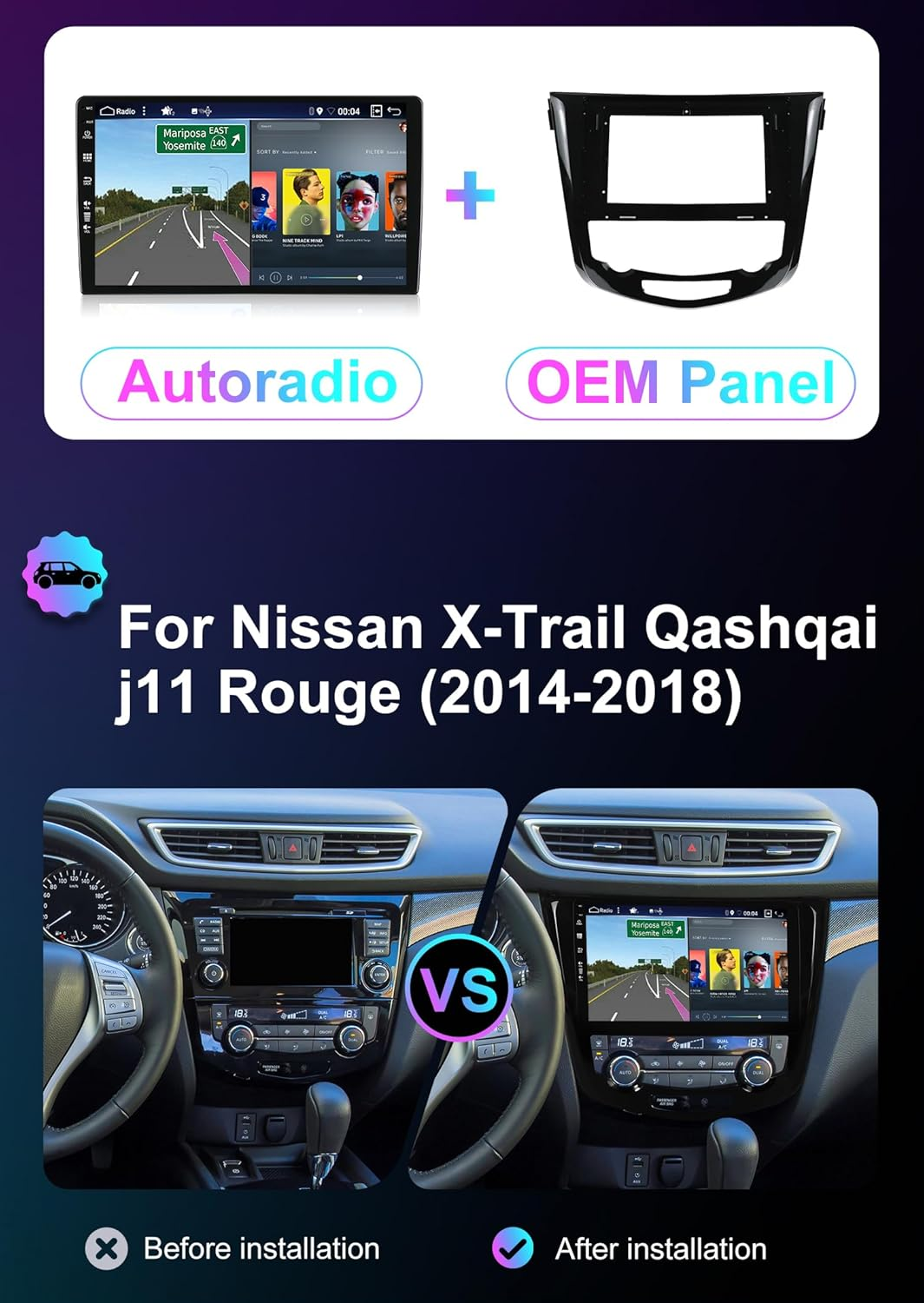 Android 14 IPS Car Stereo for Nissan X-Trail Qashqai J11 Rouge(2014-2018)- 2G+32G - Wireless Carplay/Android Auto - Rear Camera - 10.1 Inch 2 Din -DAB Steering Wheel Fast-Boot Bluetooth Wifi image number 4