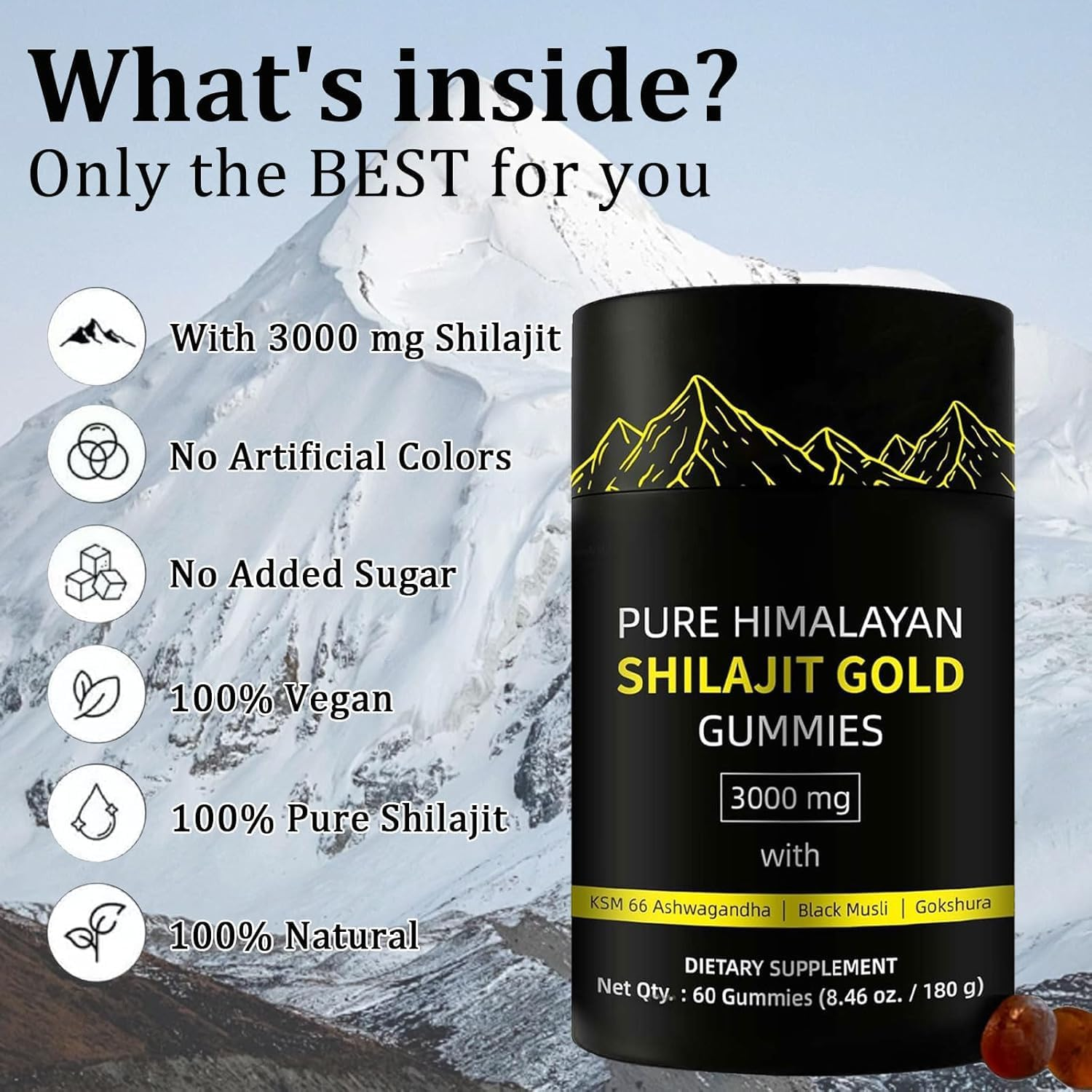 Shilajit Gummies | Pure Himalayan Shilajit Gummies Gold | Lab Tested I No Added Sugar | Ashwagandha,Gokshura | Fulvic Acid & 85+ Trace Minerals for Men,Women Non-Gmo 60 Gummy Shilajit