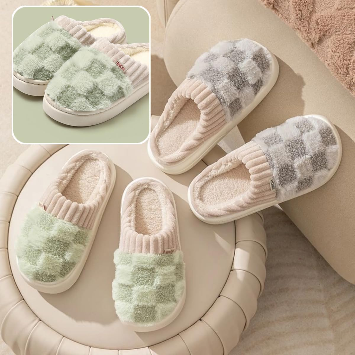 Checkered Slipper House Slippers for Women Men Plush Warm Fuzzy Slippers Flyffy Bedroom Shoes Indoor Slip On
