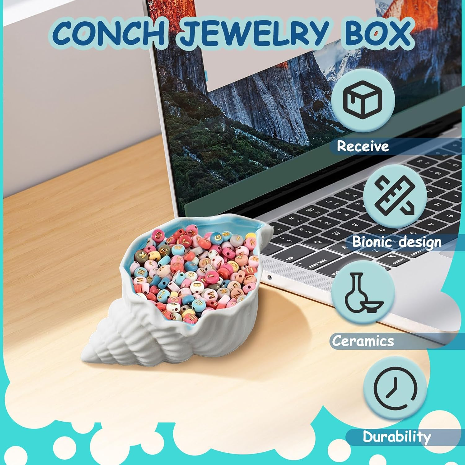 Yitexin Conch Shape Ceramic Jewelry Dish, Blue Sea Shell Trinket Tray, Ocean-Themed Decorative Ring Holder Dish, Women Jewelry Plate Tray for Earrings Necklaces Bracelet (Conch) image number 3