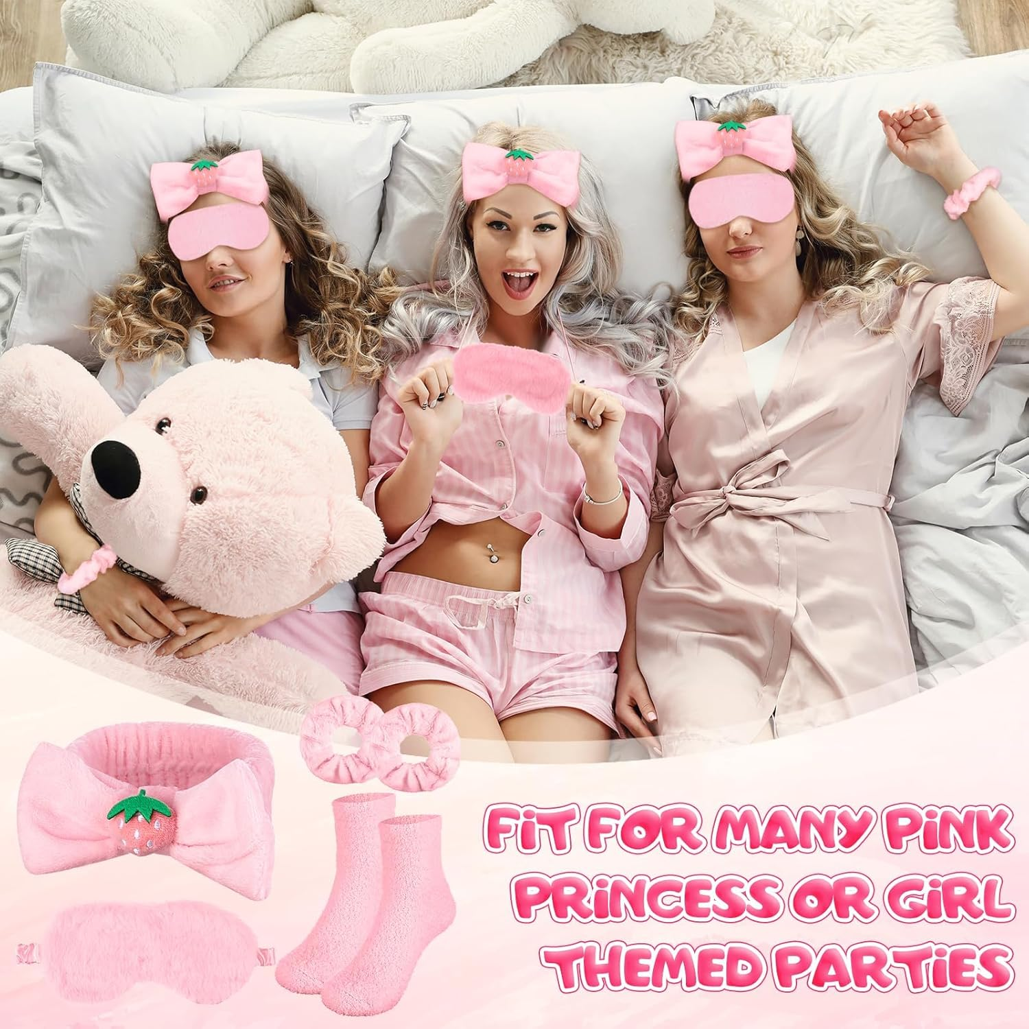 Girls 30 Piece Playset Pyjamas 6 Spa Hair Bands with Bow Strawberry Pink 6 Plush Sleep Masks 6 Velvet Scrunchies 6 Pairs Fluffy Socks 6 Makeup Bags image number 1