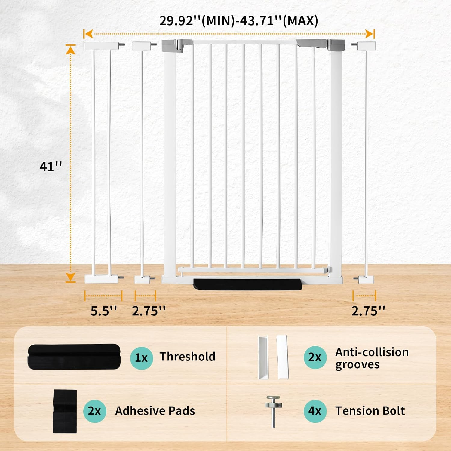 41 Inch Tall Baby Gate Auto Close Dog Gate Adjustable 29.92"-43.71" Wide Pressure Mounted Walk through Swing Pet Gate for Doorways (White, 29.92"-43.71" Wide) image number 4