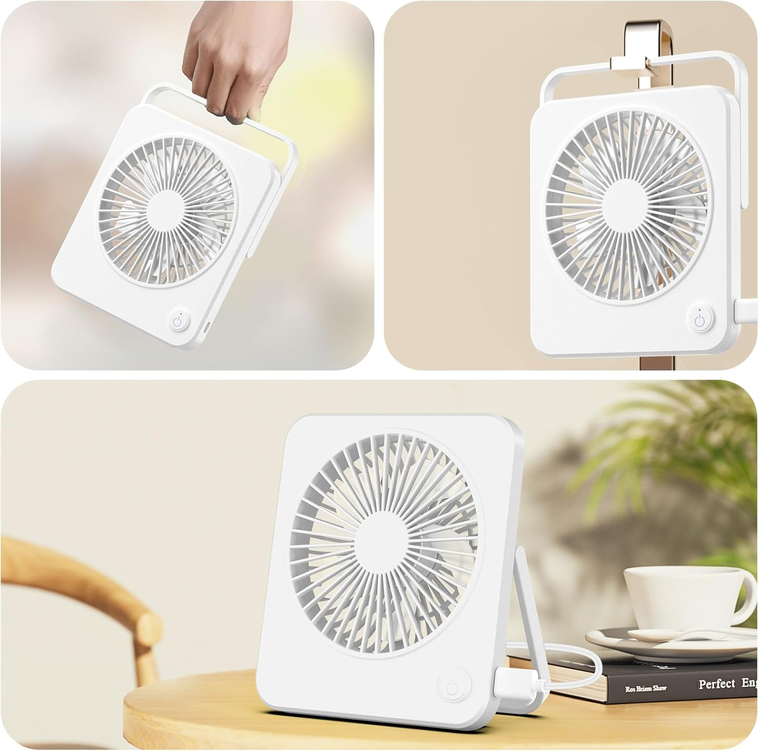 Hianjoo Mini Desk Fan, Personal USB Powered (No Battery) Portable Desktop Table Mini Cooling Fan 3 Speeds Angle Adjustable Quiet Strong Wind Small Travel Fan for Home Bedroom Office Car, White