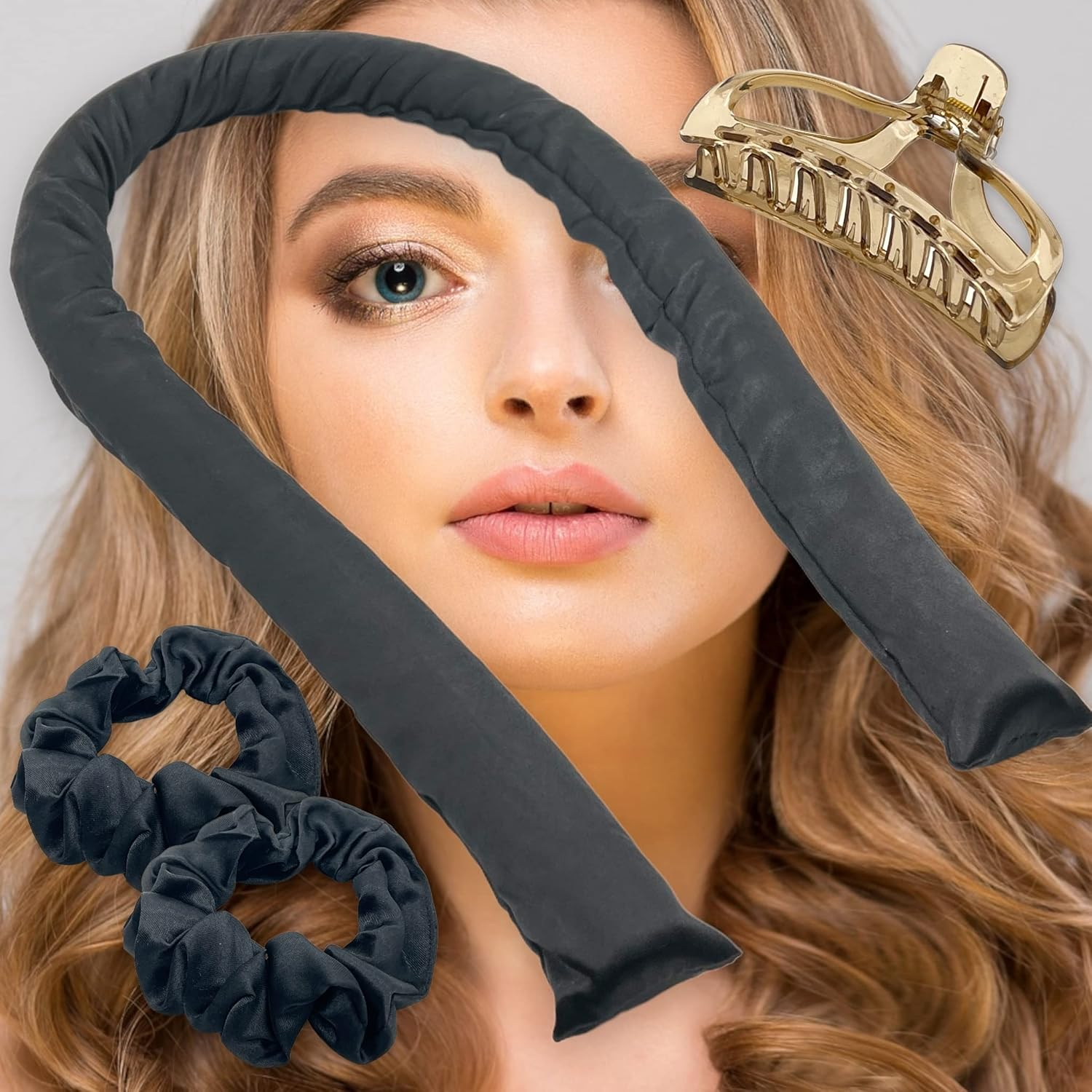 Xxl-Papillote XXL Hair Rollers for Curls without Heat, Set with Hair Clip and Two Hair Bobbles, Heatless Curls Overnight, for Long Medium Silk Hair, 100 Cm Long Diameter 3 Cm, Black Satin image number 2