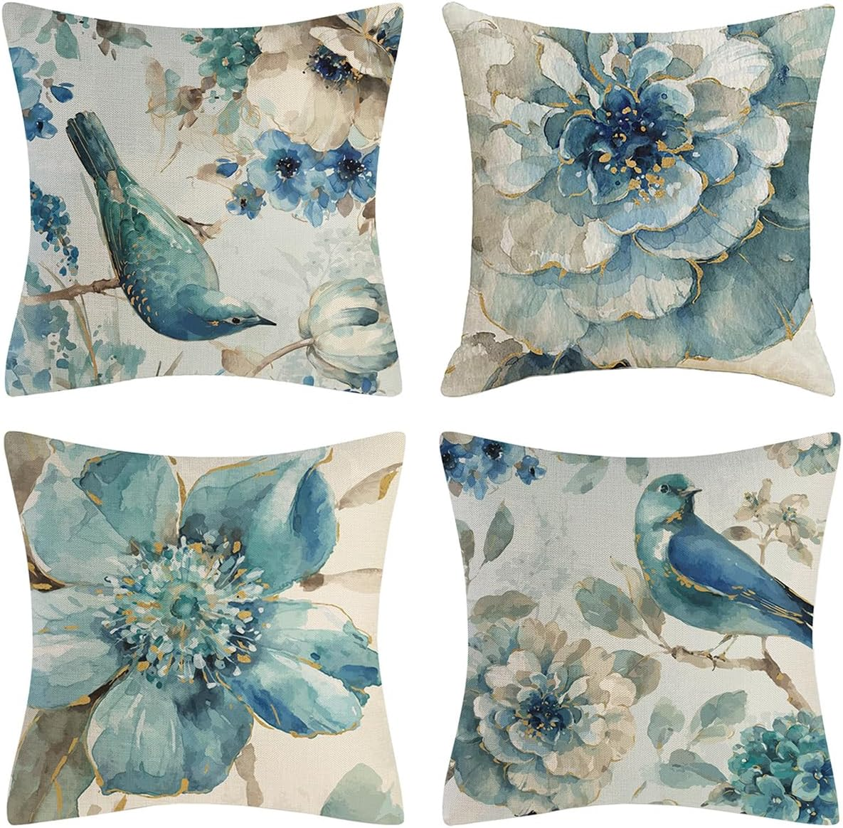 Decorative Throw Pillow Covers Set of 4, 18X18 Inch Square Cushion Covers Decoration Pillowcases Linen Cushion Case for Sofa Patio Living Room Couch Home (Flower and Bird, 45X45Cm/18X18Inch/4Pcs)