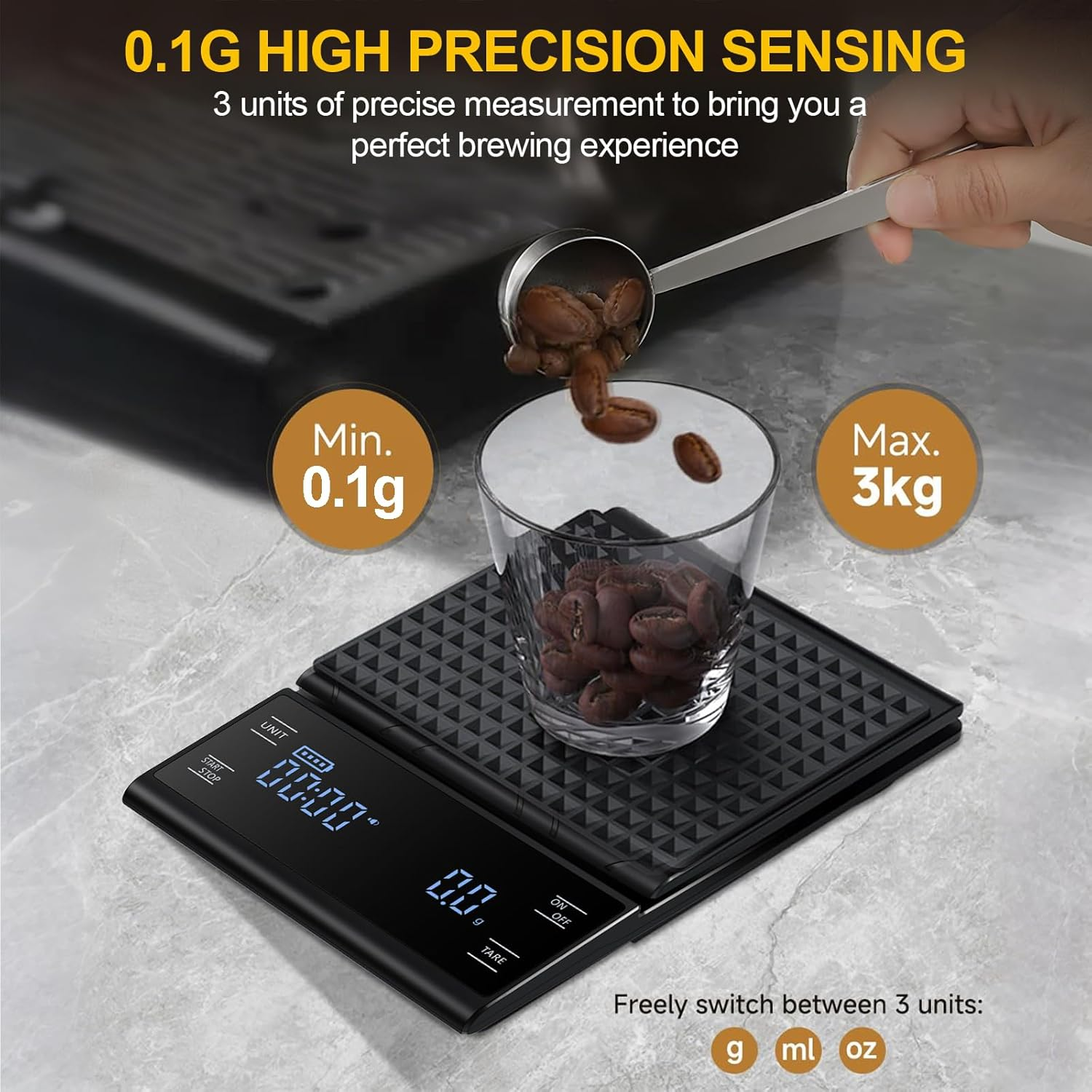 Coffee Scale with Timer, 3Kg/0.1G High Precision Espresso Scale, Pour over Coffee Scale, with 3 Units, LED Display, Silicone Cover, Drip Espresso Scale for Baking image number 1
