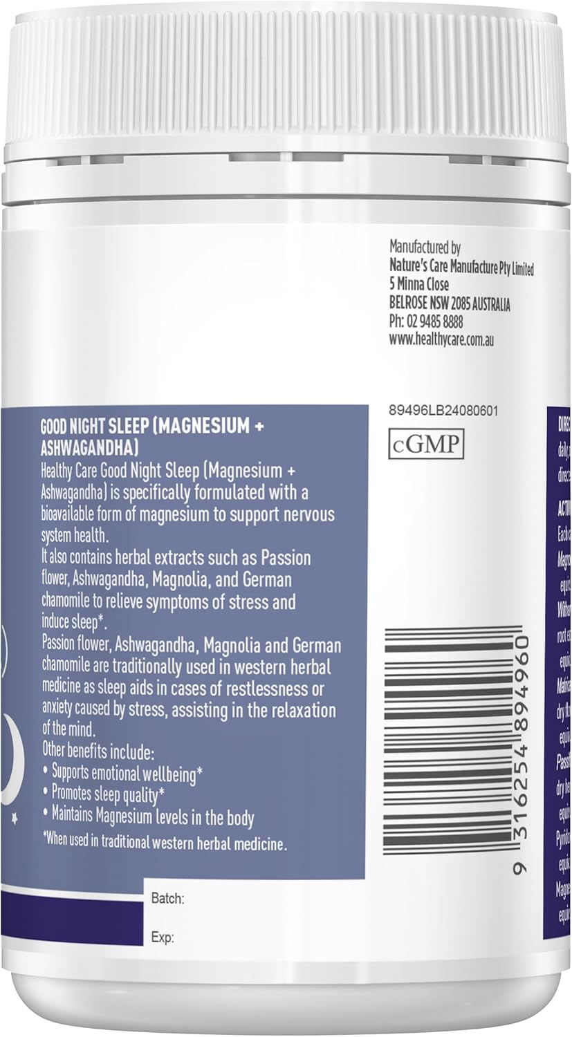 Healthy Care Good Night Sleep, Magnesium + Ashwagandha Sleep Support Supplement, 100 Capsules