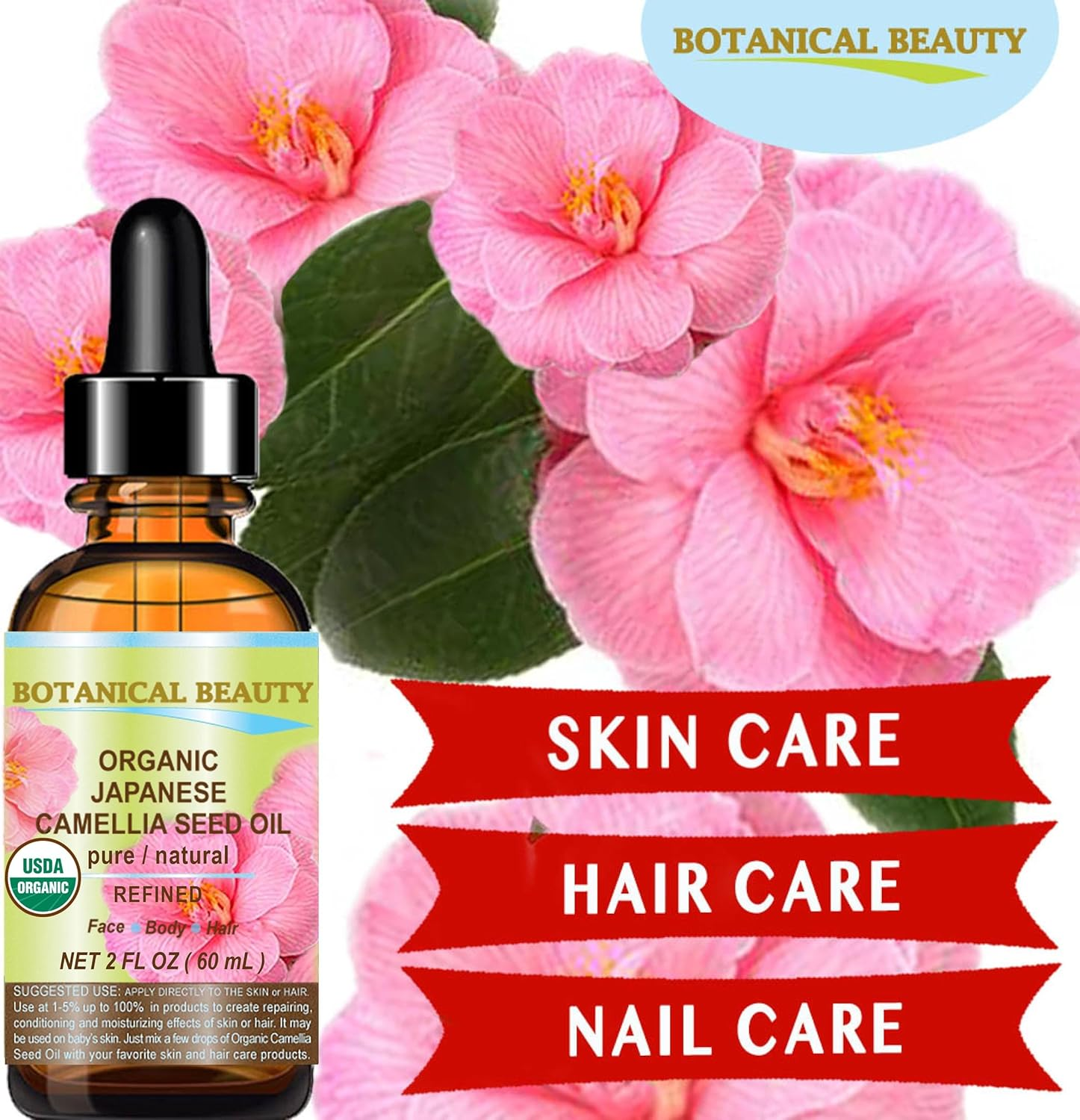 Botanical Beauty Japanese ORGANIC CAMELLIA Seed Oil. 100% Pure Natural Undiluted Refined Cold Pressed Carrier Oil to Revitalize and Rejuvenate the Hair, Skin and Nails. 0.5 Fl. Oz 15 Ml image number 4