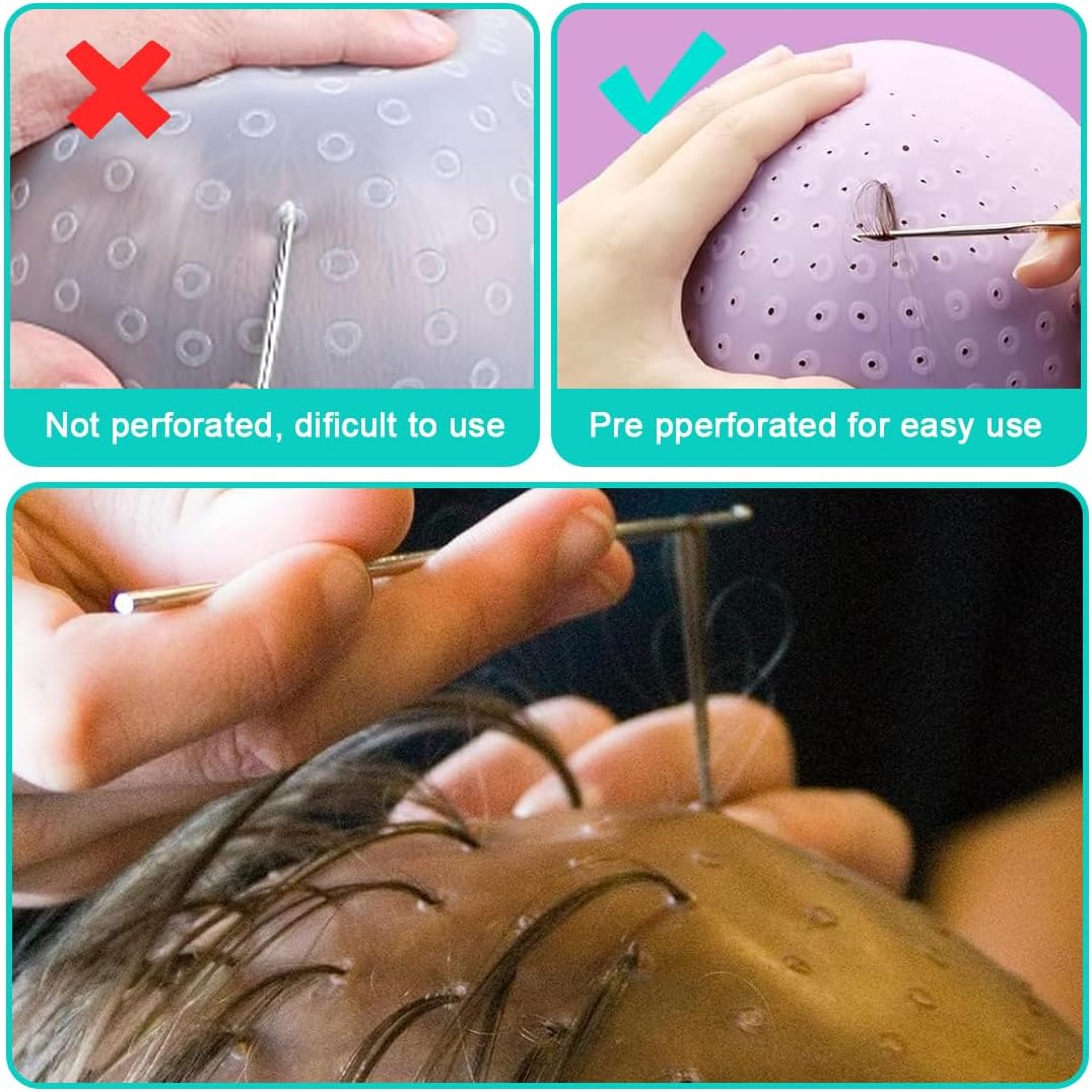 OUDQFCJ Silicone Highlight Cap, Highlight Cap, Hair Dyeing Highlighting, Silicone Highlight Hood Set Highlights Hood with Brushes and Needle for Women and Girls Blowing image number 5
