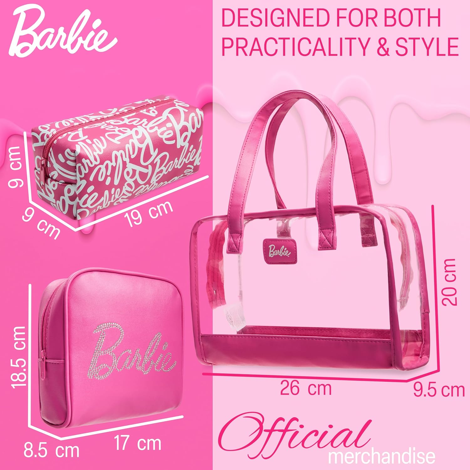 Barbie Toiletry Bags Set of 3, Zipped Wash Bag and Cosmetic Bag Holiday Essentials - Gifts for Her image number 2