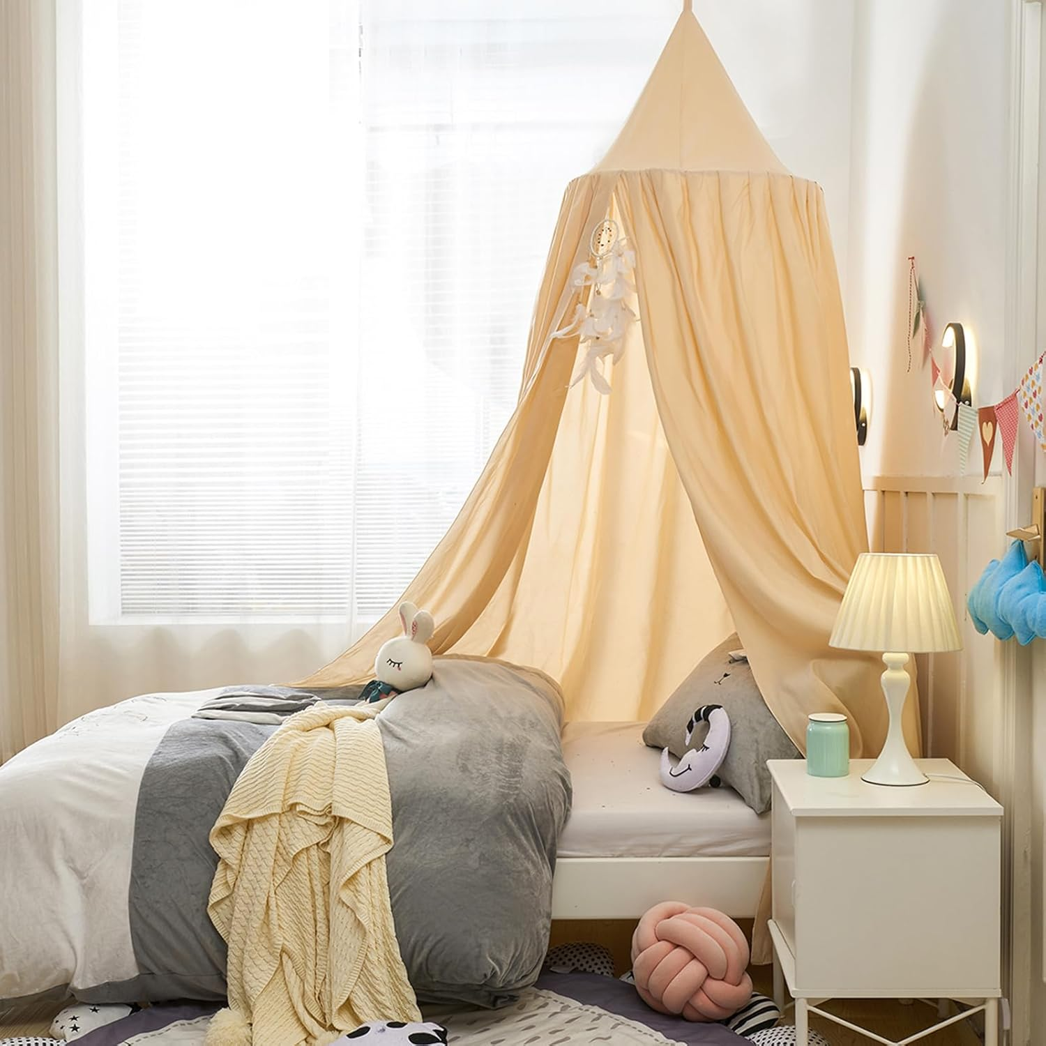 Princess Decor Canopy for Kids Bed, Soft and Durable Bed Canopy for Girls Room Tent Canopy Dreamy Mosquito Net Bedding, Children Reading Canopies Indoor(Khaki)