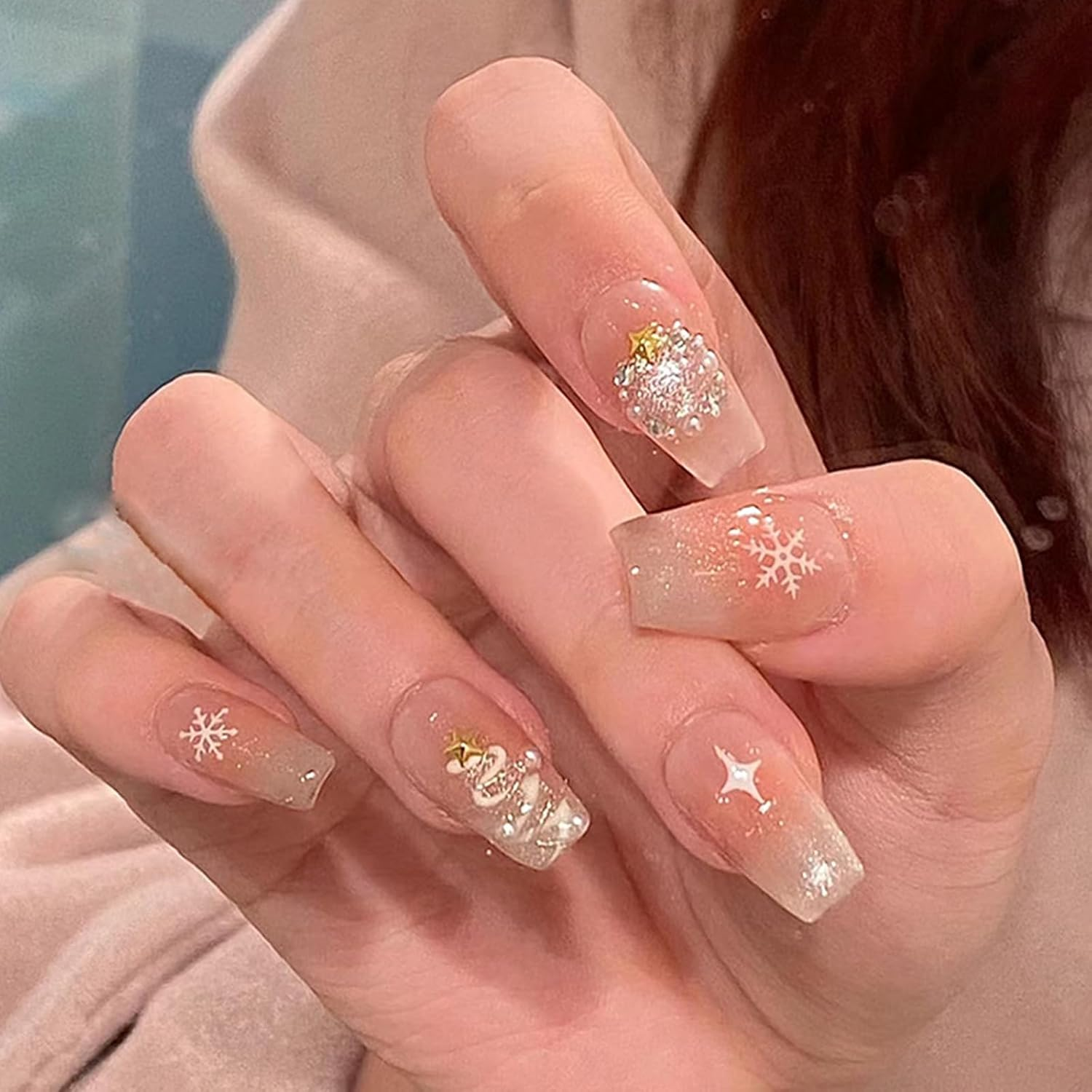 Yazikisa Christmas Press on Nails Short Square Fake Nail Snowflake Xmas Elk Winter Red Glue on Full Cover Glossy Acrylic False Fingernails for Women Girls New Years 24 Pcs
