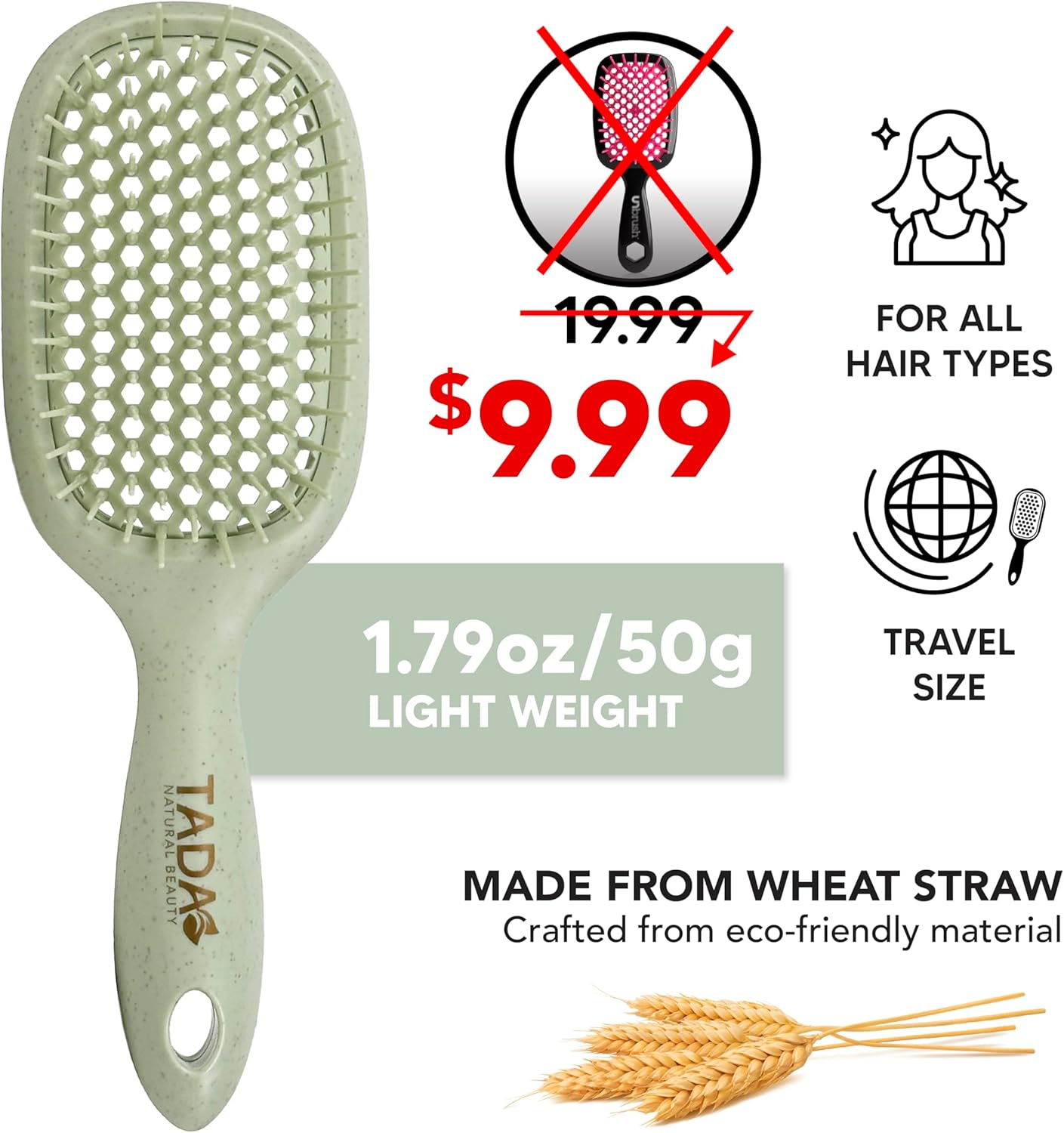 TADA Natural Beauty Hair Brush Detangler for Curly, Thick, Wavy, and Thin Hair - Ventilation Holes for Quick Drying and Styling, Detangler Brush for Women, Men, Kids (4 Colors) (2PK #1) - 2Pk 1 image number 2