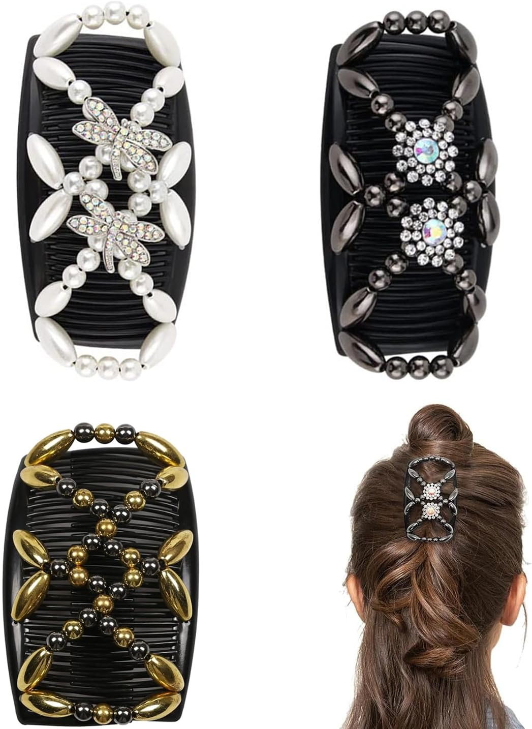 2 Pieces Magic Hair Side Combs Beaded Stretch Double Clips Bun Maker Hair Combs DIY Hair Styling Headwear (Butterfly, Black + White)