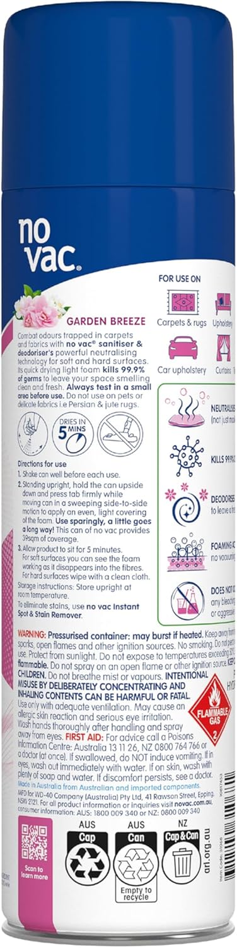 No Vac Garden Breeze Foaming Sanitiser and Deodoriser Spray 418 G