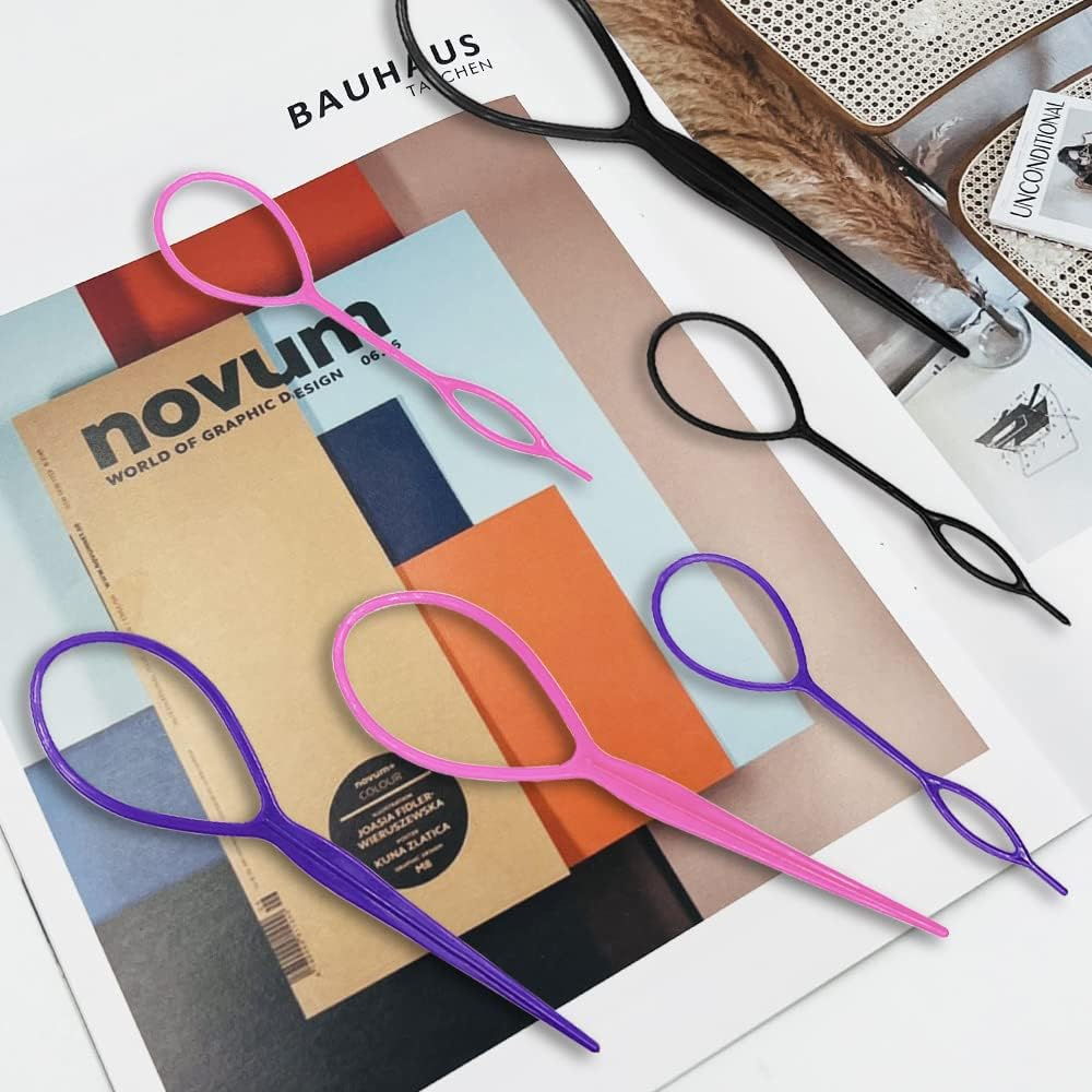 AIFUDA 9 Pack Hair Loop Tool Set - 6 Topsy Tail Tools, 3 Rat Tail Combs with Metal Pin for Braiding and Styling - Includes Mini Rubber Bands image number 2