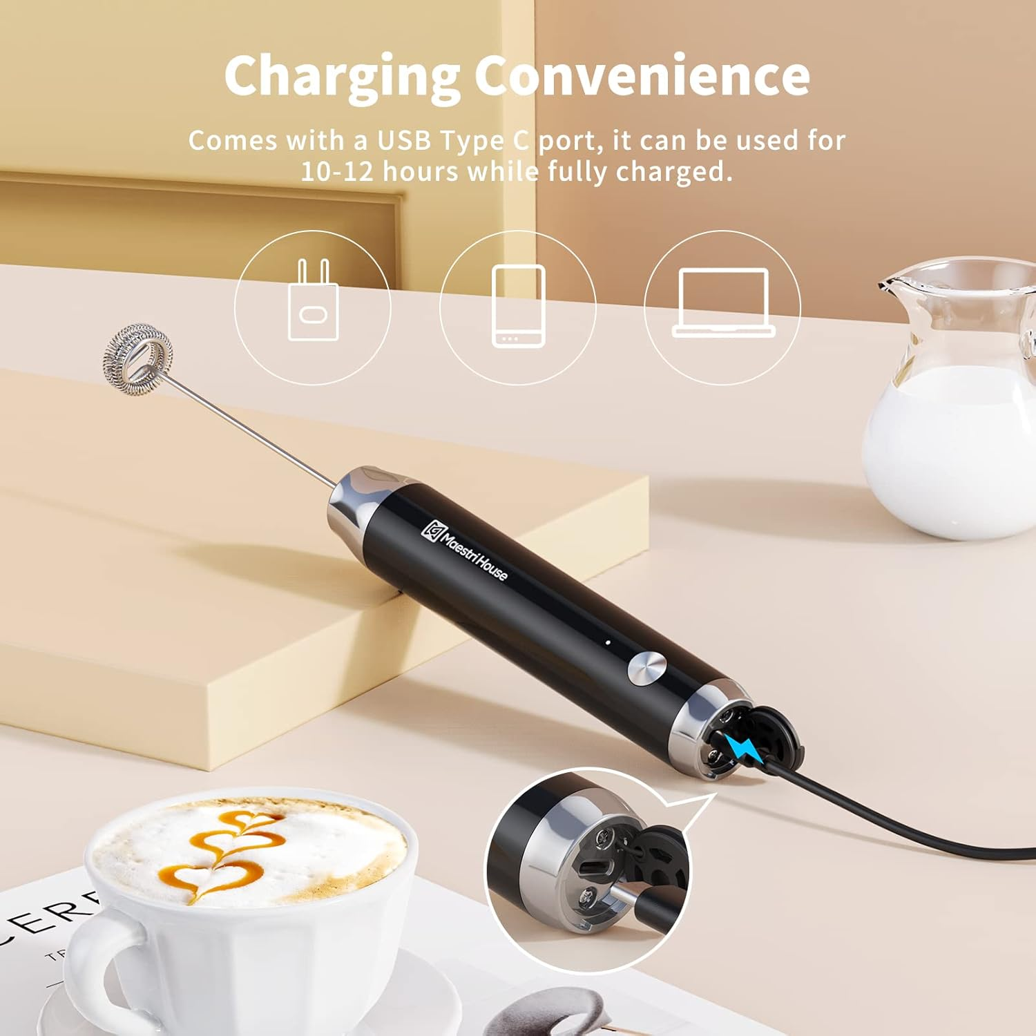 Maestri House Rechargeable Milk Frother with 3 Heads, Lunafro as Handheld Electric Foam Maker Waterproof Detachable Stainless Steel Whisk Drink Mixer Foamer with Stand for Lattes, Cappuccino, Egg