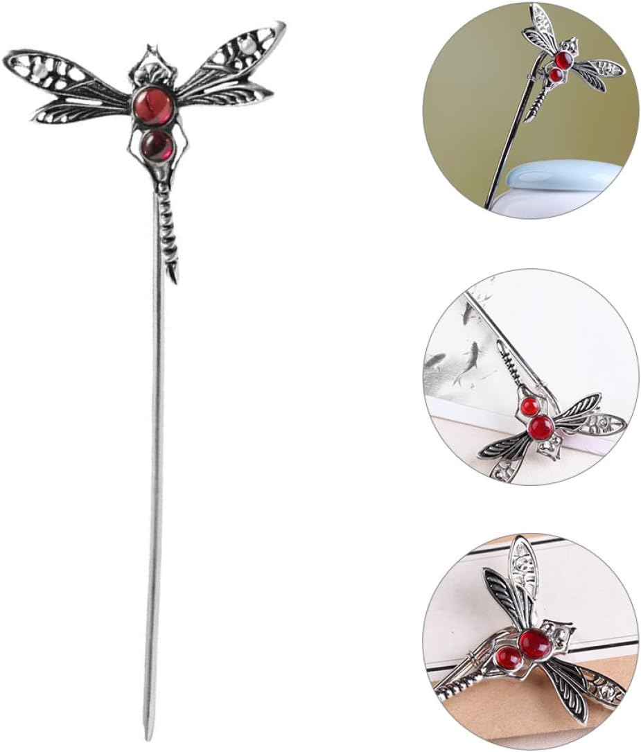 IMUSINICE White Gold-Plated Dragonfly Hair Stick with Pearl and Agate Hair Chopsticks Suitable for Hanfu image number 5