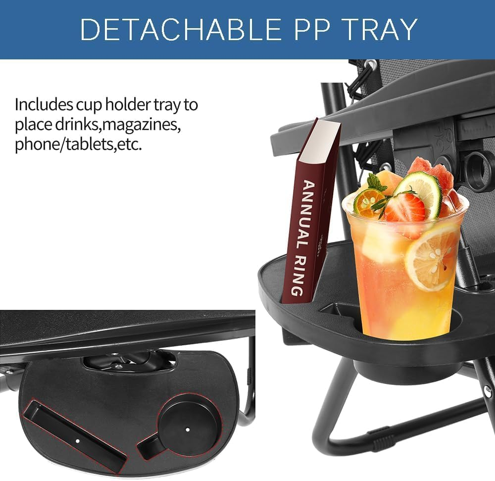 Zero Gravity Chairs, Adjustable Folding Lawn Chair with Pillow and Cup Holder Trays, Outdoor anti Gravity Reclining Lounge Chair, for Poolside, Lawn, Beach, Camping, Black (1 Pack) - Black image number 3