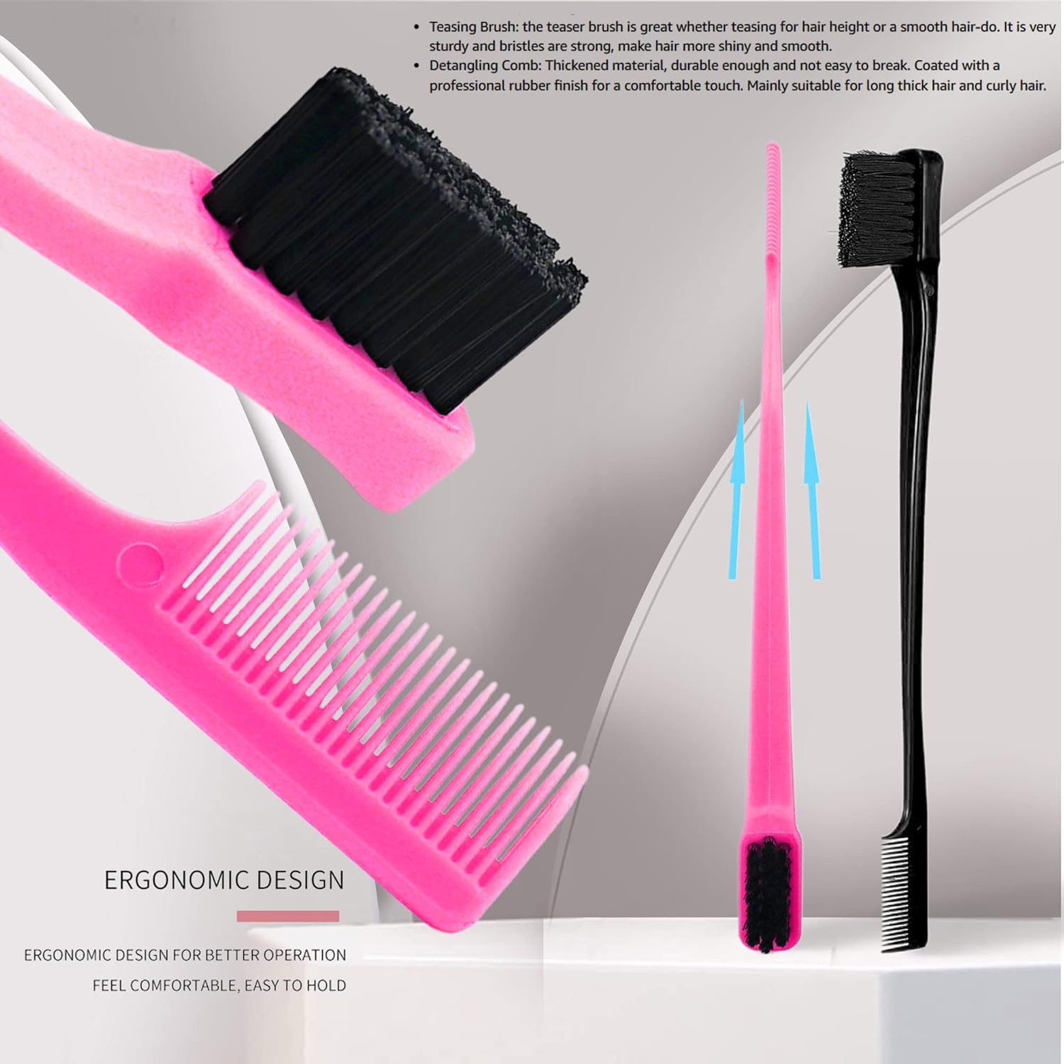 (Combo (Pink & Black)) - Mayabeauty Double Sided Edge Control Hair Brush Comb Combo Pack 2 Pieces Pink and Black - Black image number 6