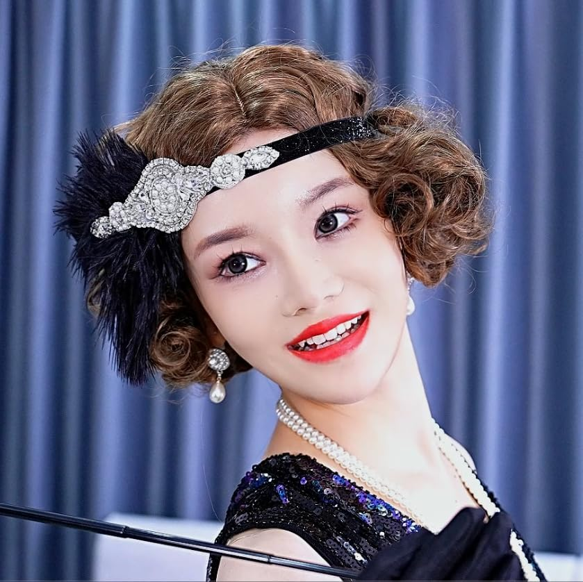 1920S Gatsby Headpiece for Women Black Feather 20S Headband for Gatsby,Vintage 1920S Flapper Hair Accessories for Lady image number 5