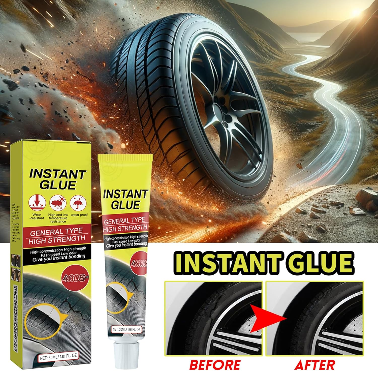 Black Tire Glue, Tire Repair Glue, Rubber Cement Tire Repair, Suitable for Repairing Tires of Cars, Motorcycles, and Bicycles(1 Oz) image number 3