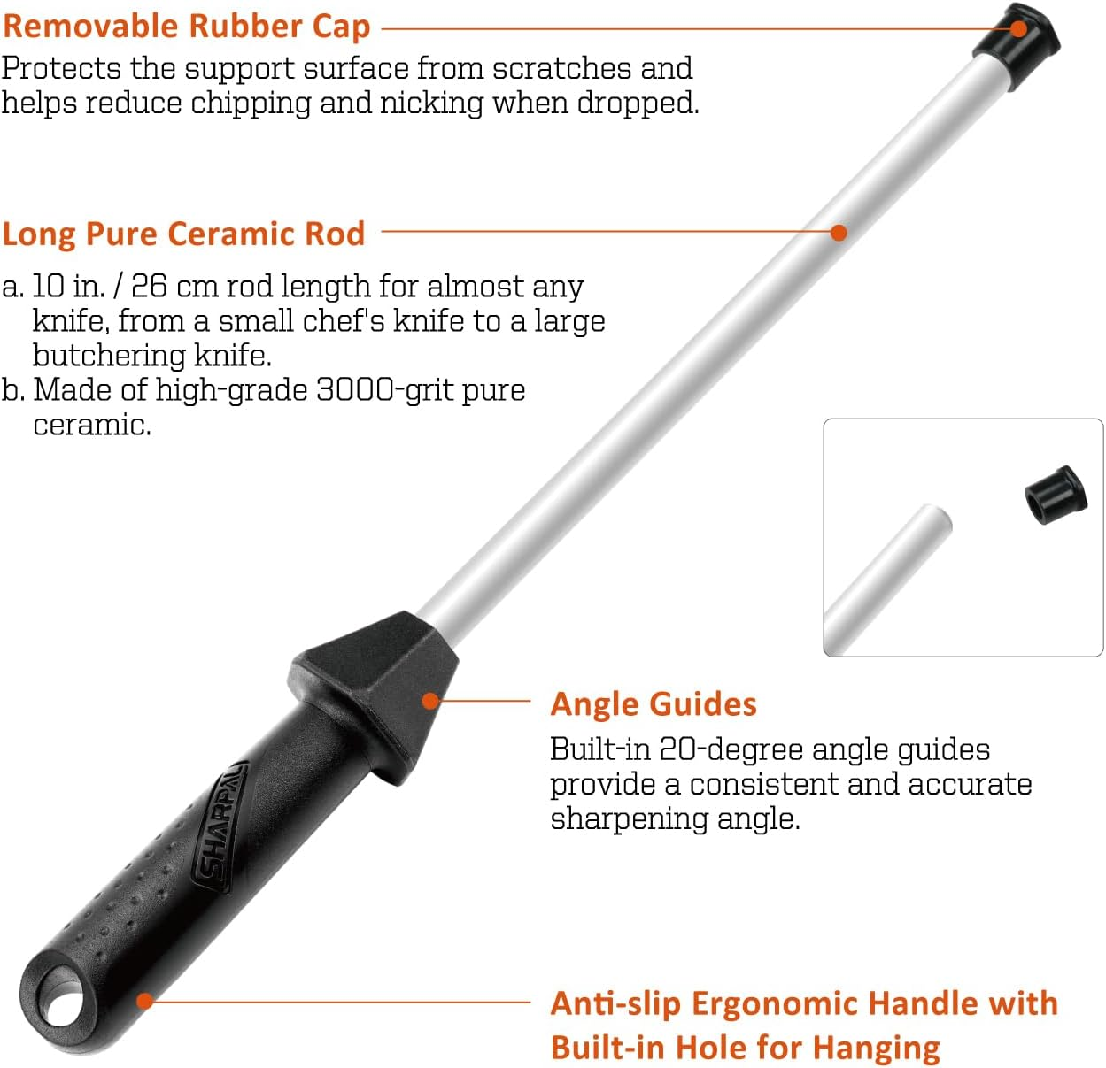 SHARPAL 118H Professional Ceramic Sharpening Fine Honing Rod Steel Kitchen Knife Sharpener Stick with Anti-Breaking Cap Built-In Angle Guide