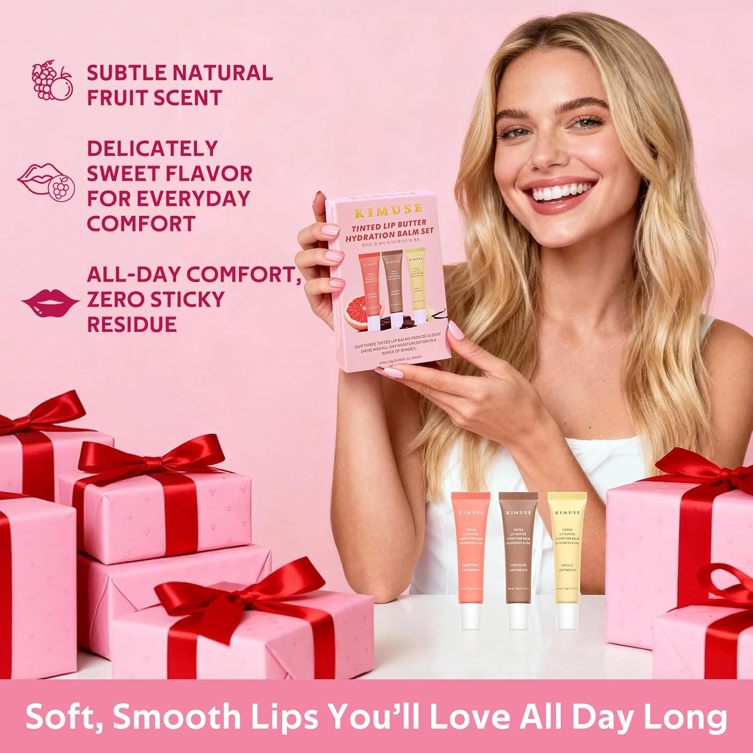 KIMUSE Tinted Lip Balm Trio, Hydrating Lip Butter Moisturizing for Shine Finish & Soft, Cruelty-Free & Vegan Formula image number 3