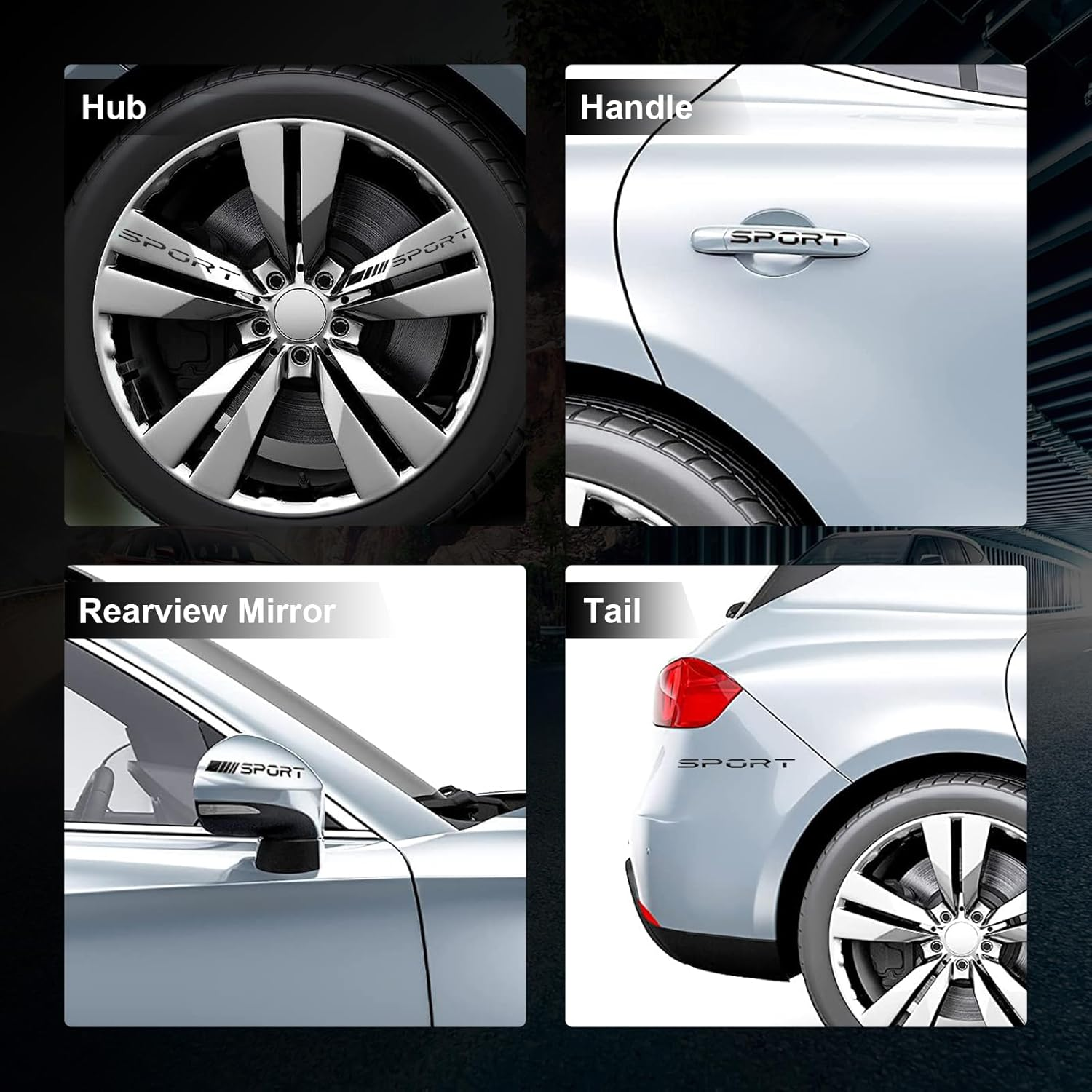 14 PCS Car Decal Stickers, Sport Logo Car Rear Stickers & Mirror Decals, Auto Wheel Reflective Personality Stripes, Sport Emblem Wheel Rim Decor Stickers for All Vehicles (Black) image number 4