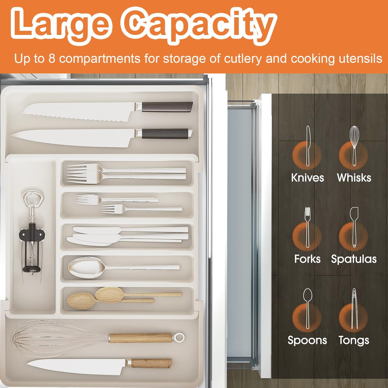 Utensil Drawer Organizer, Expandable Utensil Tray for Kitchen, Adjustable Flatware and Cutlery Holder, Compact Plastic Storage for Spoons Forks Knives (White)