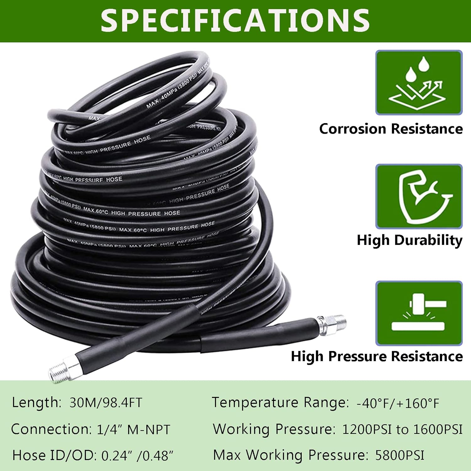 Acbbmns 30M/98.4FT Sewer Jetter Kit for Pressure Washer, 1/4 Inch NPT, 5800 PSI Drain Pipe Hose Cleaning Set, Button Nose & Rotating Sewer Jetting Nozzle image number 1