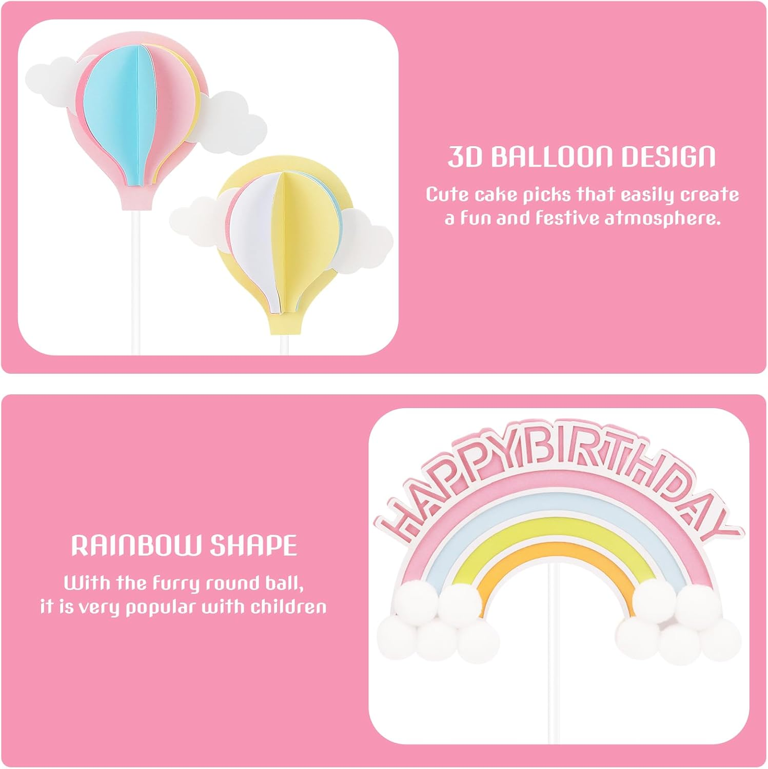 Hannafires (22PCS) 2 Rainbow Pom Pom Cake Toppers & 20 3D Pink & Yellow Balloon Decorations &ndash; Heart-Shaped Cake Picks for Baby, Little Princess Birthday Parties & Baking image number 4