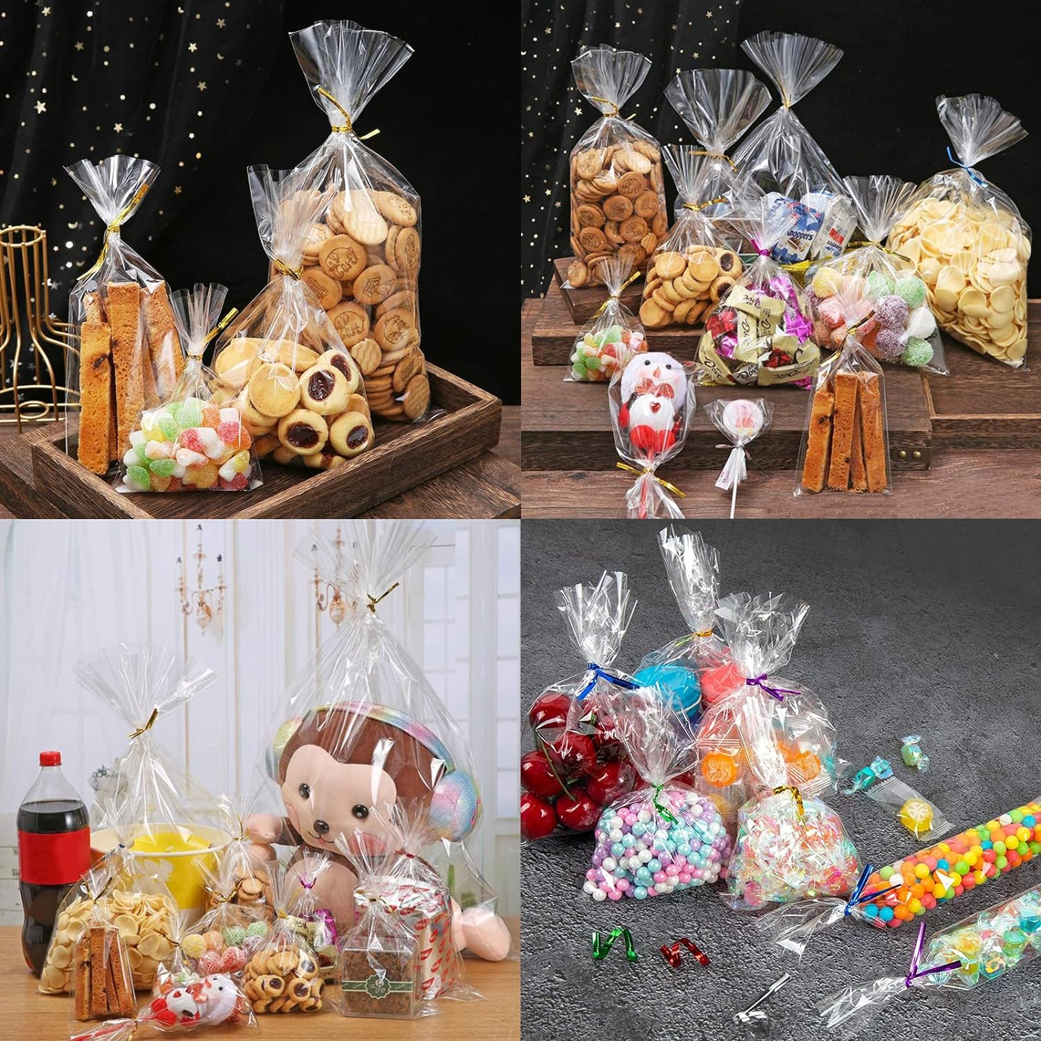 VANANA 100 PCS Cellophane Bags with Colorful Twist Ties, Clear Cookies Bags Gift Goodie Treat Biscuit Bakery Candy Chocolate Gift Food Soap Party Favor Supplies (13X20Cm/5.1X7.9In)