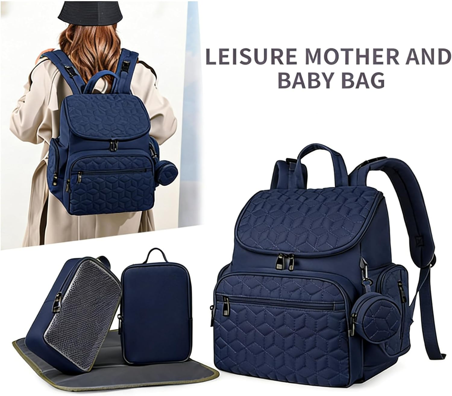 Five-Piece Diaper Bag Backpack, with Diaper Changing Table, 3 Storage Bags, Baby Essentials Bag, Male and Female Baby Travel Backpack, Multifunctional Waterproof Handbag for Newborns(Blue)