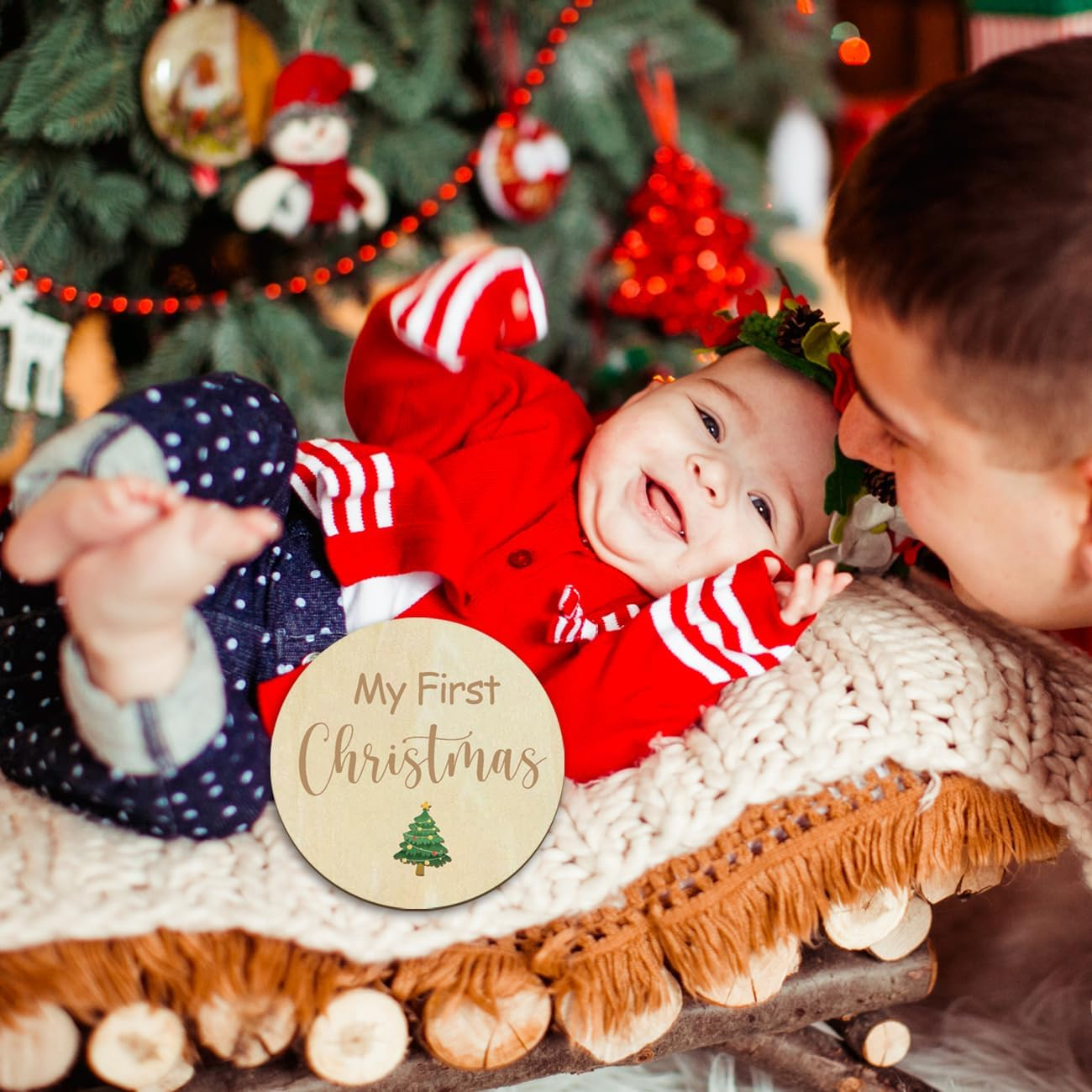 My First Holiday Milestone Child Monthly Card, Baby Announcement Sign & Celebration Board, Hello World Sign, Photo Hinges, Gift and Perfect Keepsake For image number 3