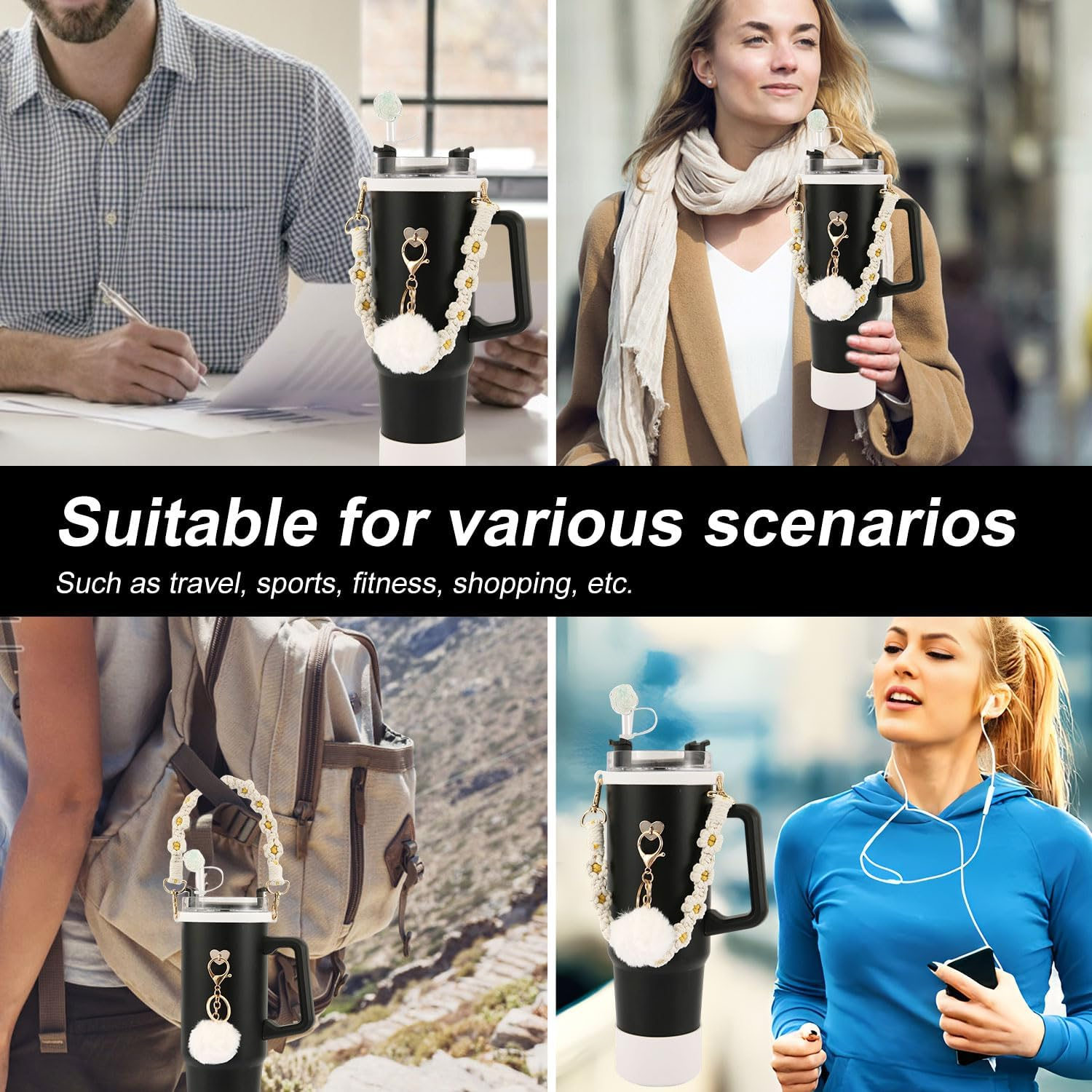 Mug Accessories Set for Stanley, Included Water Bottle Handle Strap Silicone Boot Straw Lid Keychain for Stanley Cup 40Oz 30Oz Tumbler - White image number 5