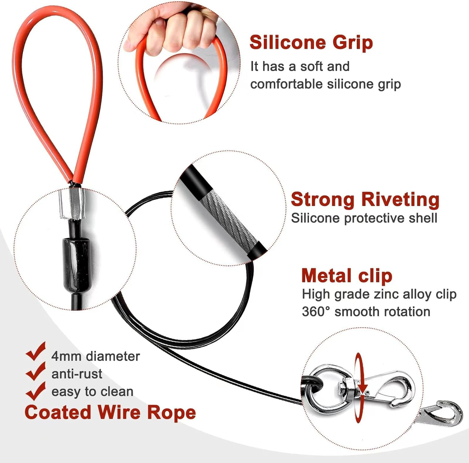 Heavy Duty Dog Leash, Chew Proof Metal Leash for Large Dogs (Up to 250Lbs), 5Ft Wirerope Dog Leashes with Soft Silicone Grip,Black image number 4