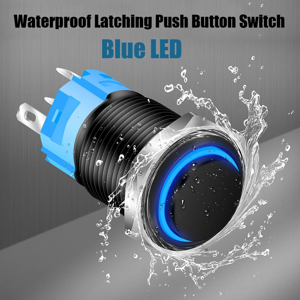 Yakamoz 2Pcs 16Mm Waterproof Latching Push Button Switches, 12V Self-Locking Button on off with Sockets Blue LED Wiring Harness for Automotive, Marine, Industrial Machinery and DIY. image number 6