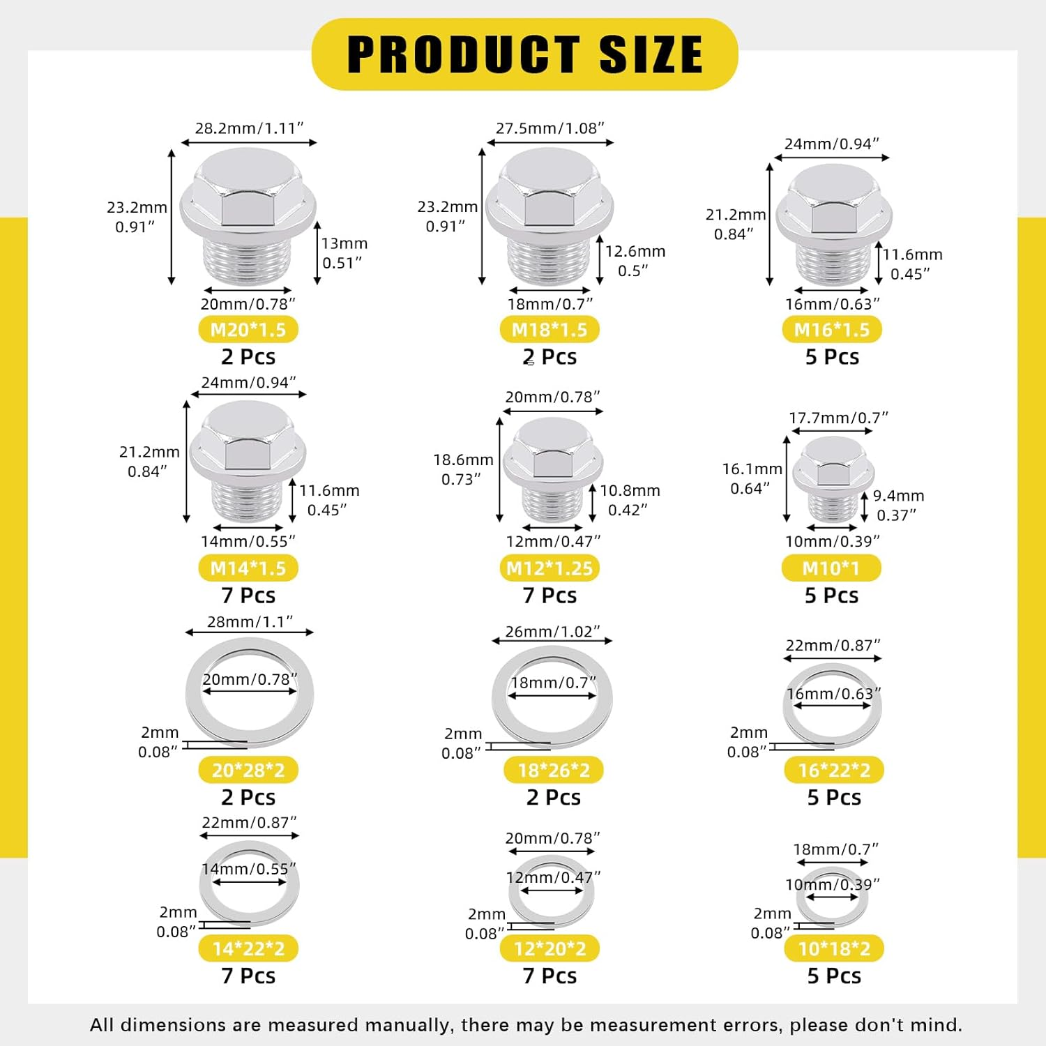 Mardatt 28 Sets Oil Drain Plug Assortment Kit, M10 M12 M14 M16 M18 M20 Steel Oil Drain Plugs with Aluminum Washer Gasket, Engine Oil Drain Plug Replacement Compatible with Honda, Hyundai, Toyota, Ford image number 5