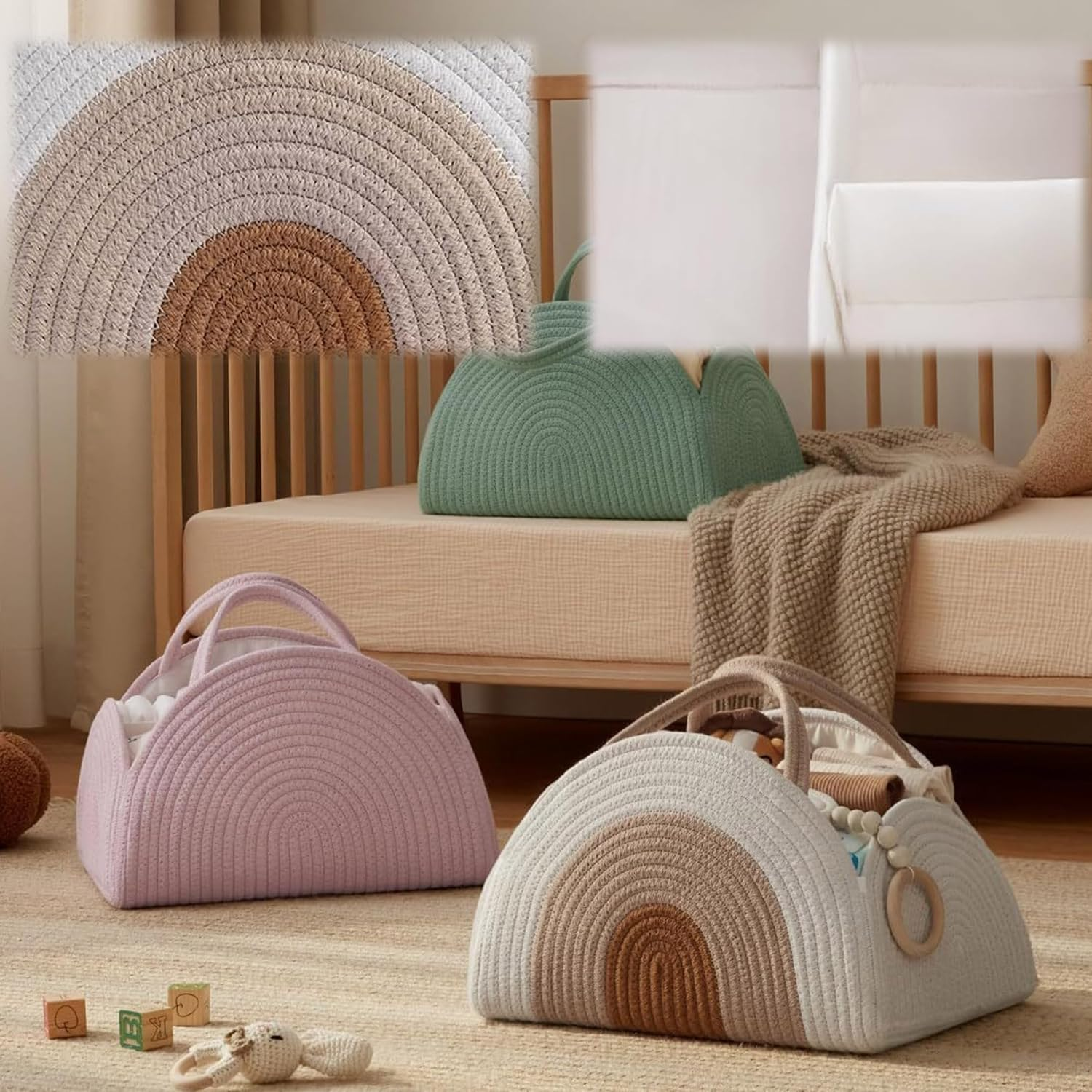 YUEMING Nappy Caddy, Baby Nappy Organiser, Cotton Rope Newborn Essentials Diaper Caddy with Dividers, Portable Baby Caddy Storage Basket, White image number 5