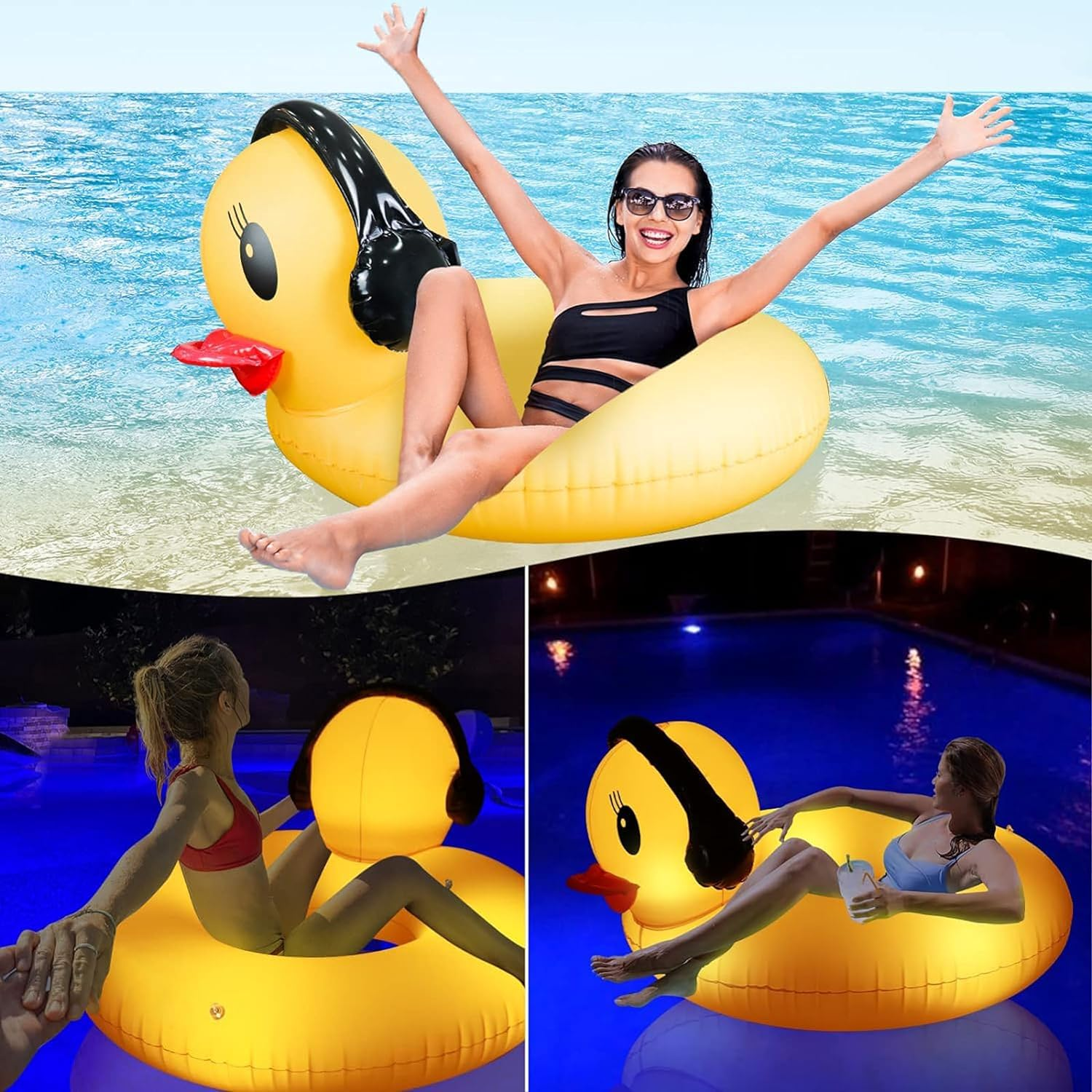 Inflatable Duck Pool Float with Lights, Solar Powered Pool Inflatables Duck Floaties for Adults Kids, 44" Large Animal Swim Tube Ring Pool Float with Fast Valves Summer Beach Pool Lounge image number 6