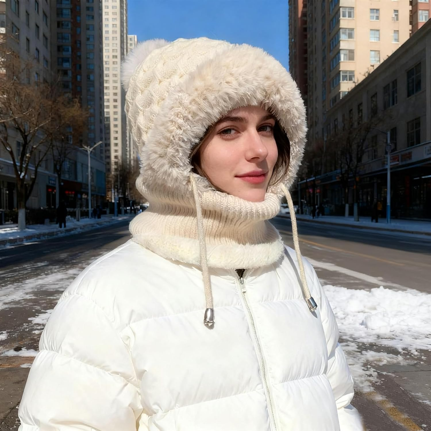 Bobble Hat for Women, 3 in 1 Winter Knitted Beanie Hat with Neck Warmer and Face Cover, Thick Fleece Lined Windproof Thermal Wooly Hat for Cycling Skiing Cold Weather - Beige image number 3