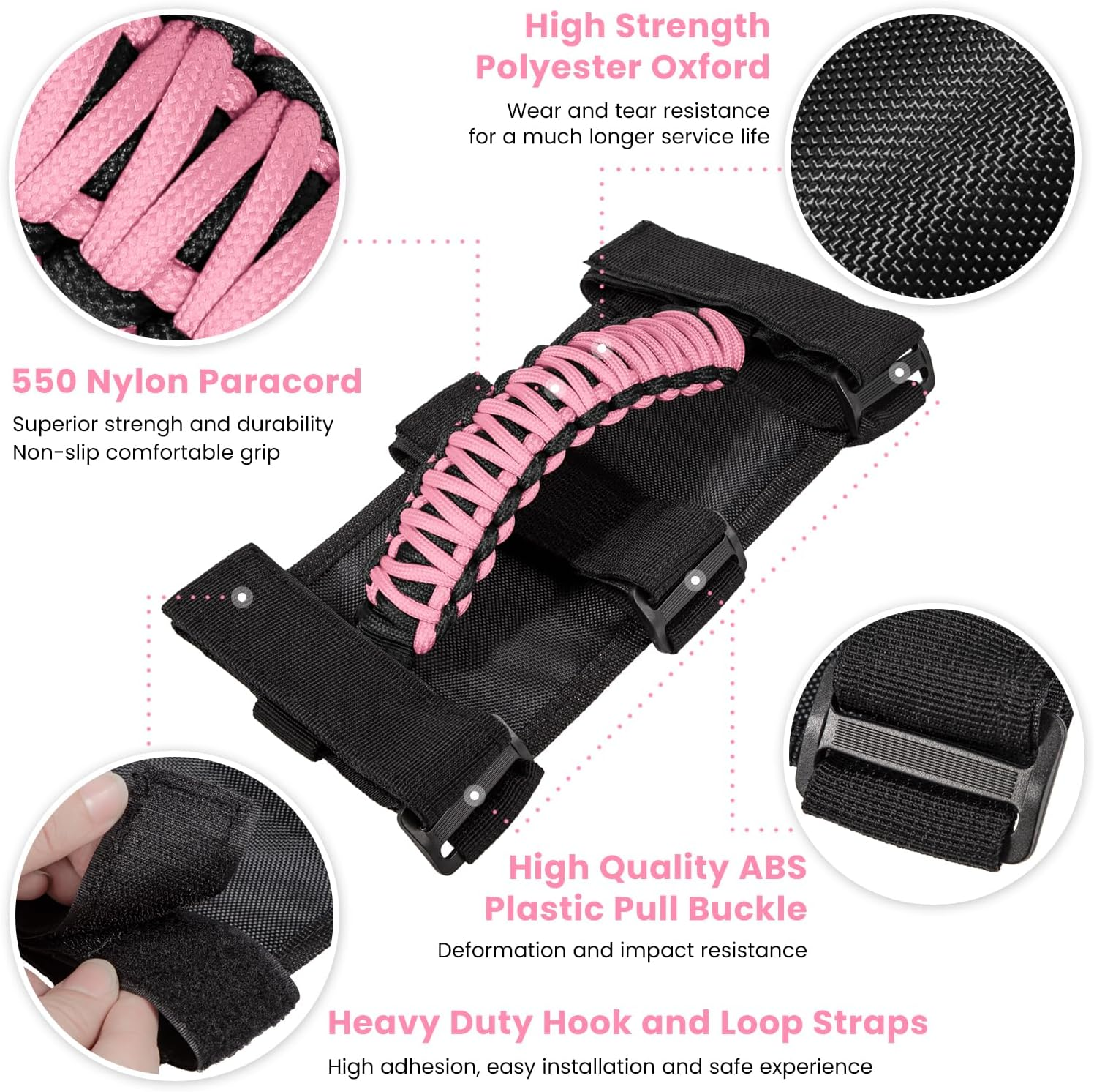 Roll Bar Grab Handles Grip Handle for Jeep Wrangler YJ TJ JK JKU JL JLU Sports Sahara Freedom Rubicon Unlimited X Gladiator JT 1955-2022 UTV ATV Premium Paracord (Pink 2PCS) - Blue image number 2