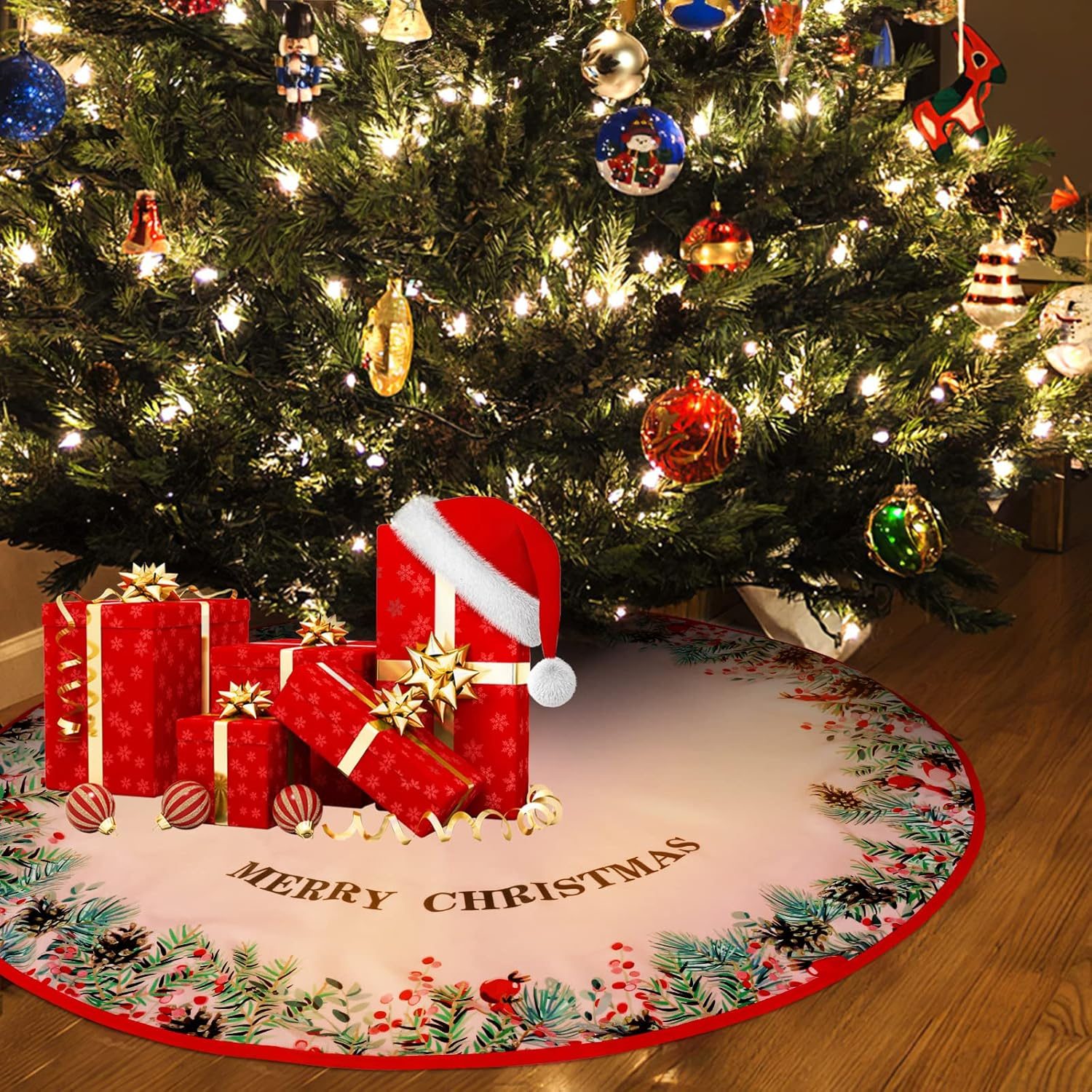 Abeillo 36 Inch Christmas Tree Skirt Red Christmas Tree Base Cover, Xmas Tree Skirt Mat for Merry Christmas Tree Decorations (90 Cm) image number 1