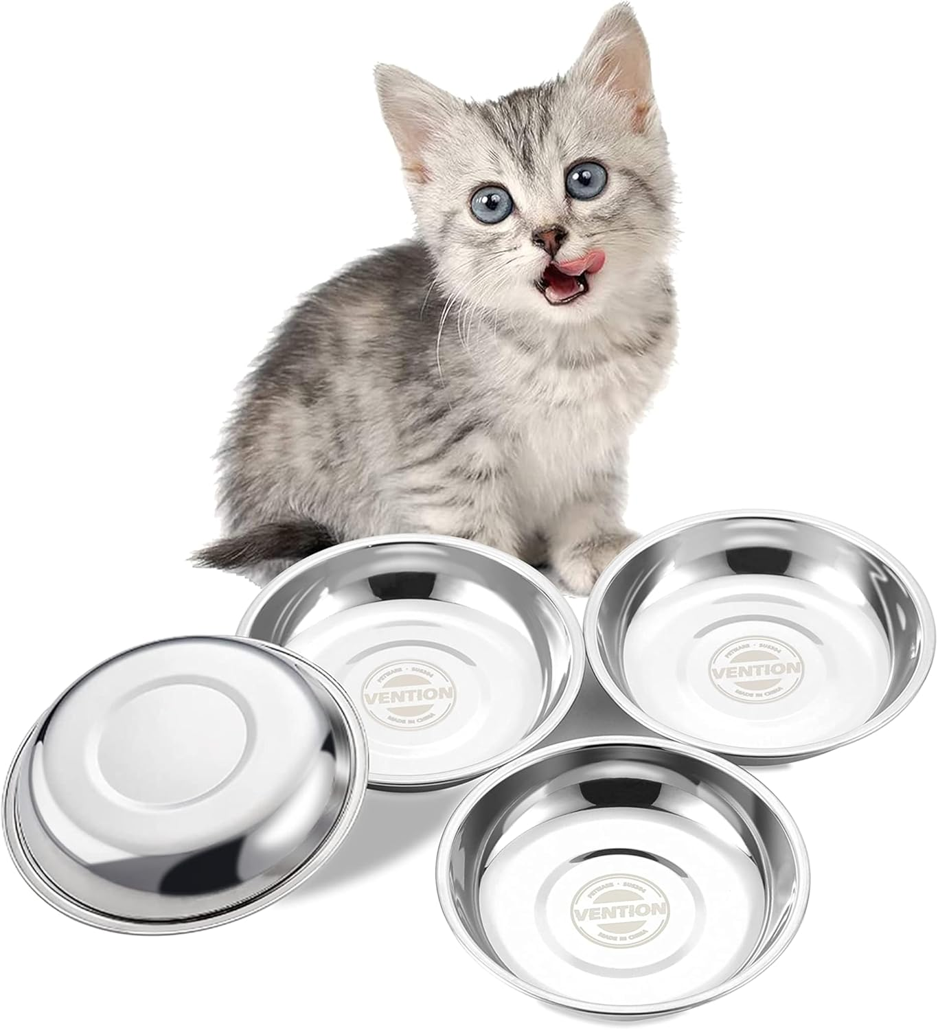 VENTION Stainless Steel Whisker Relief Cat Food Bowl, Shallow Metal Cat Bowls Set, 7 Oz Replacement Pet Cat Feeding Dishes for Raised/Elevated Stands, Work for Dog Plate, Dishwasher Safe, Set of 4